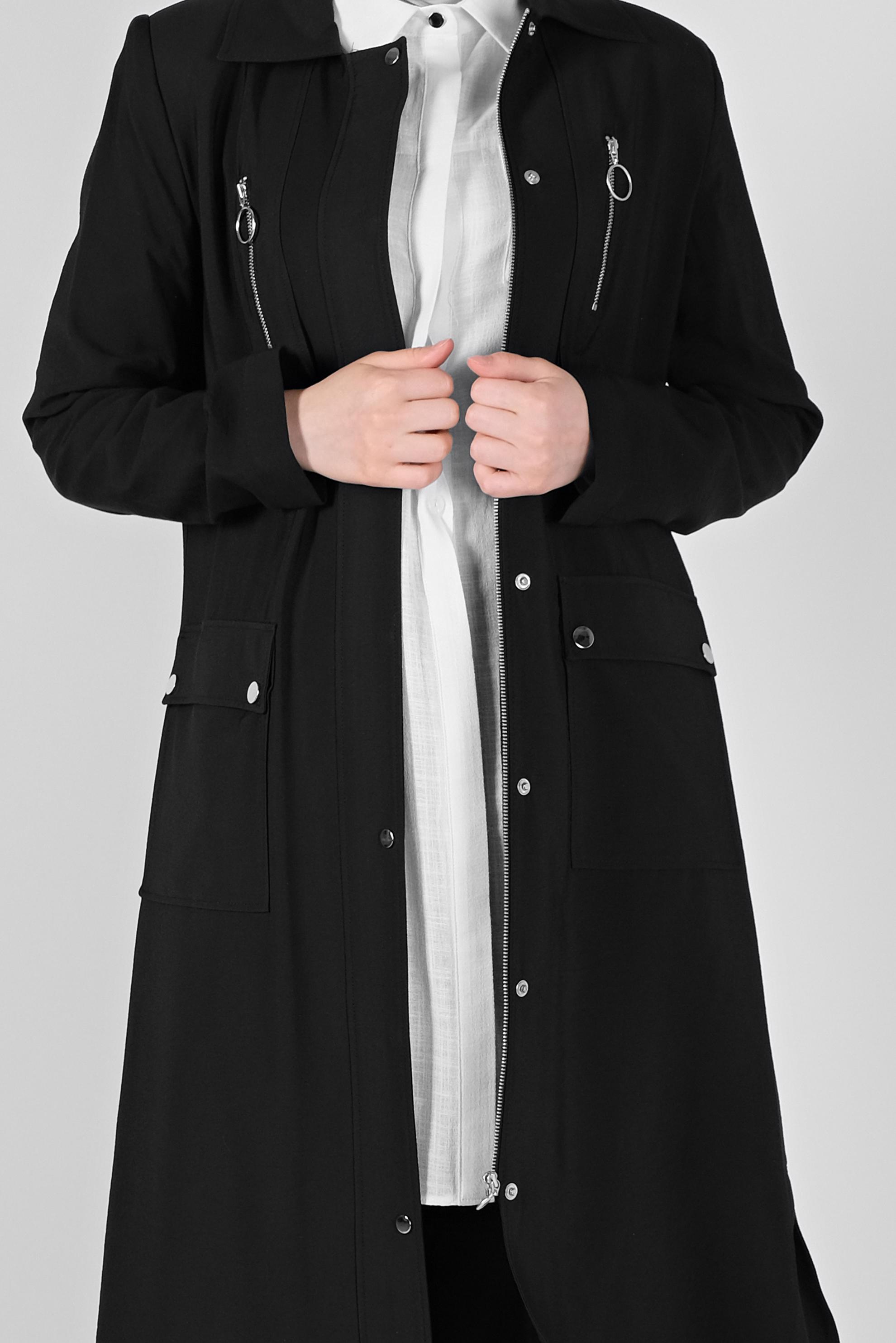 Tesettür giyim SİYAH FERMUARLI TRENÇKOT 10327