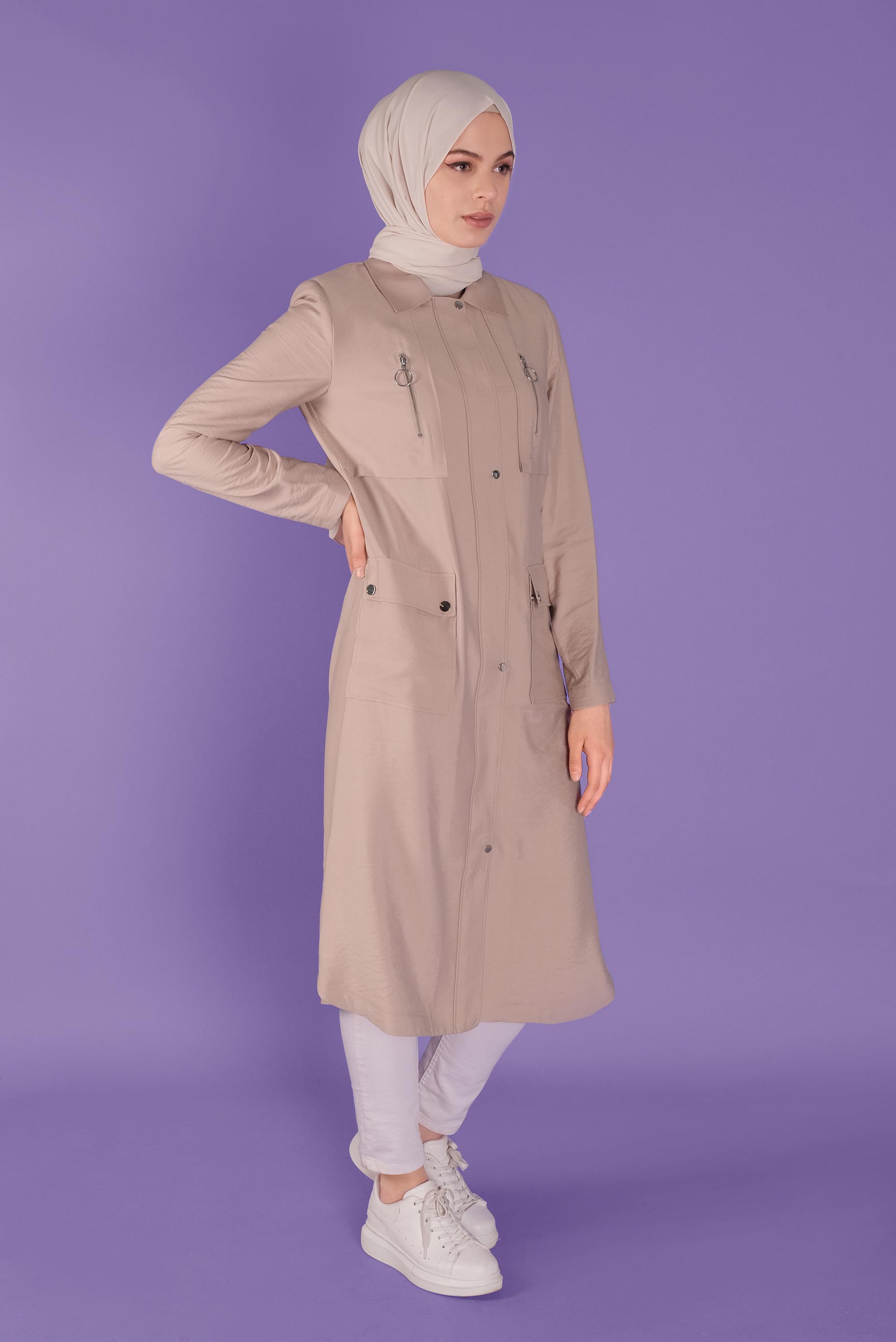 Tesettür giyim BEJ FERMUARLI TRENÇKOT 10327