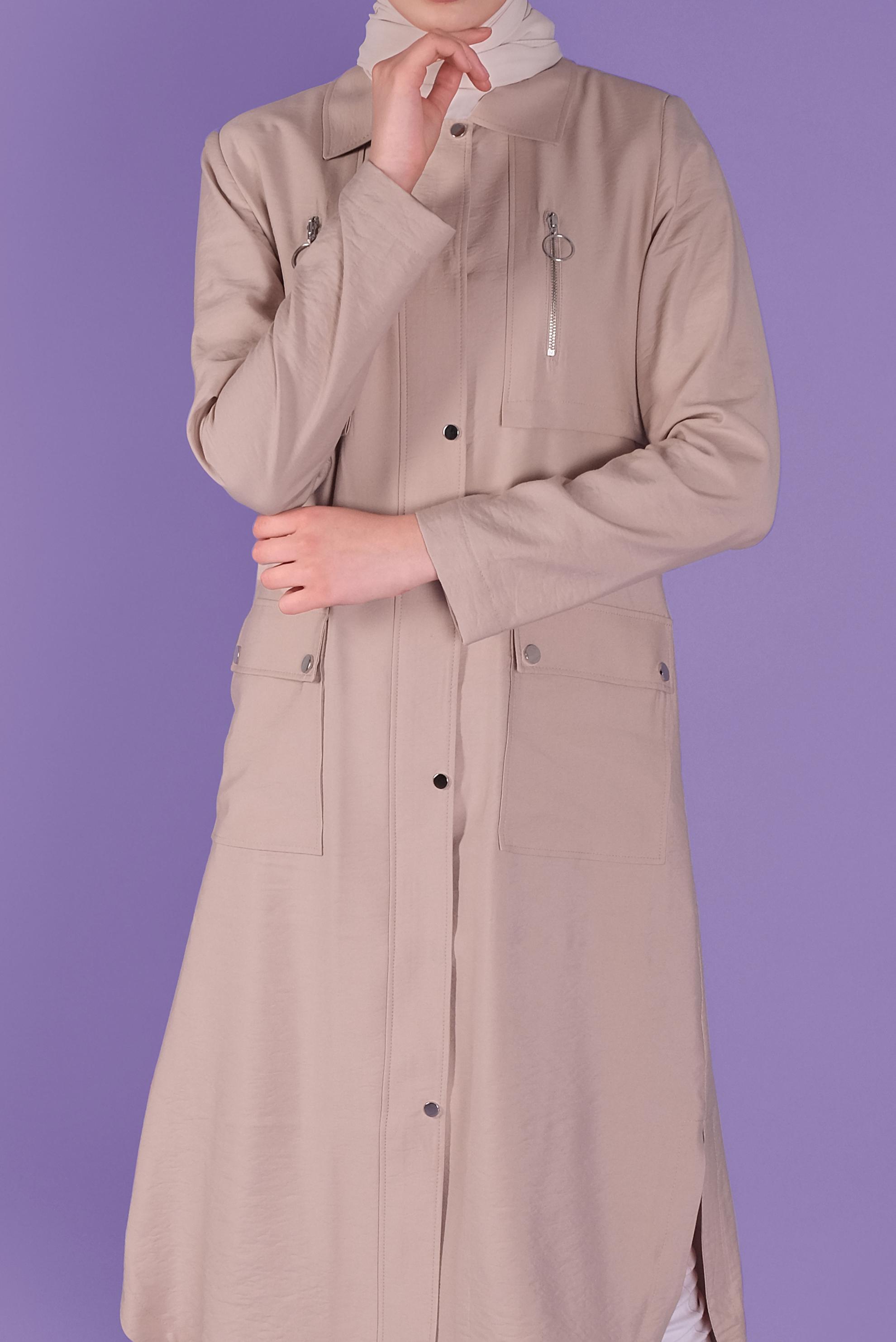 Tesettür giyim BEJ FERMUARLI TRENÇKOT 10327