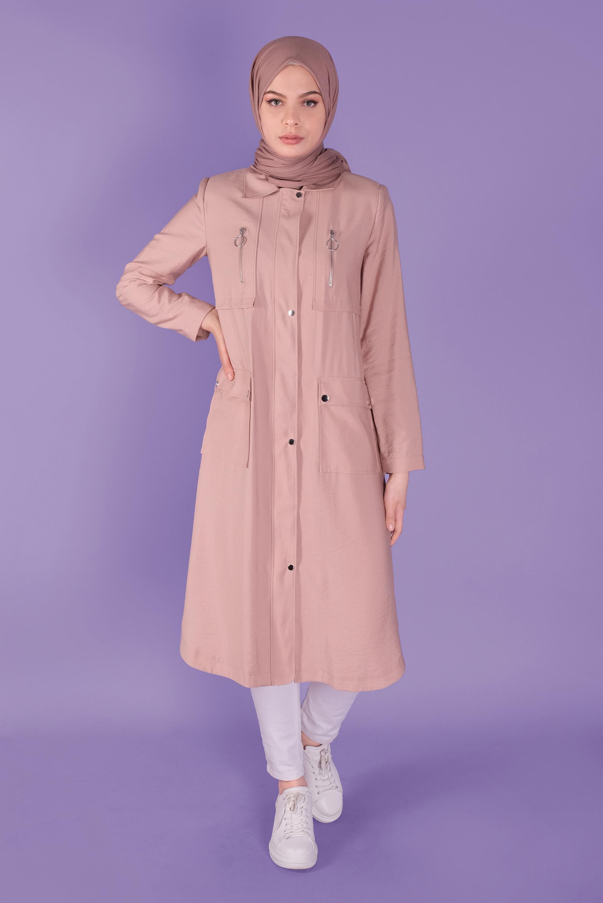 Tesettür giyim PUDRA FERMUARLI TRENÇKOT 10327