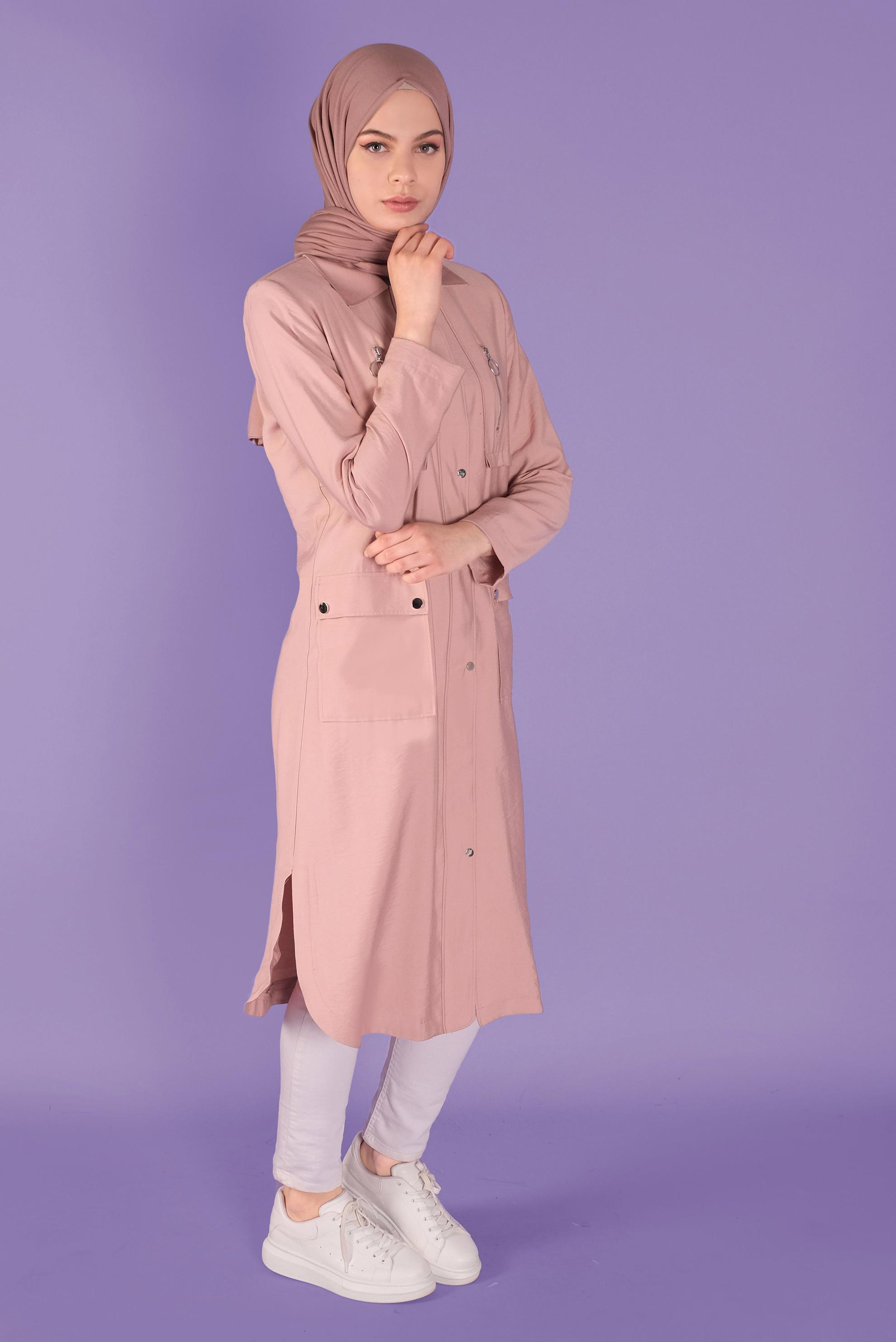 Tesettür giyim PUDRA FERMUARLI TRENÇKOT 10327