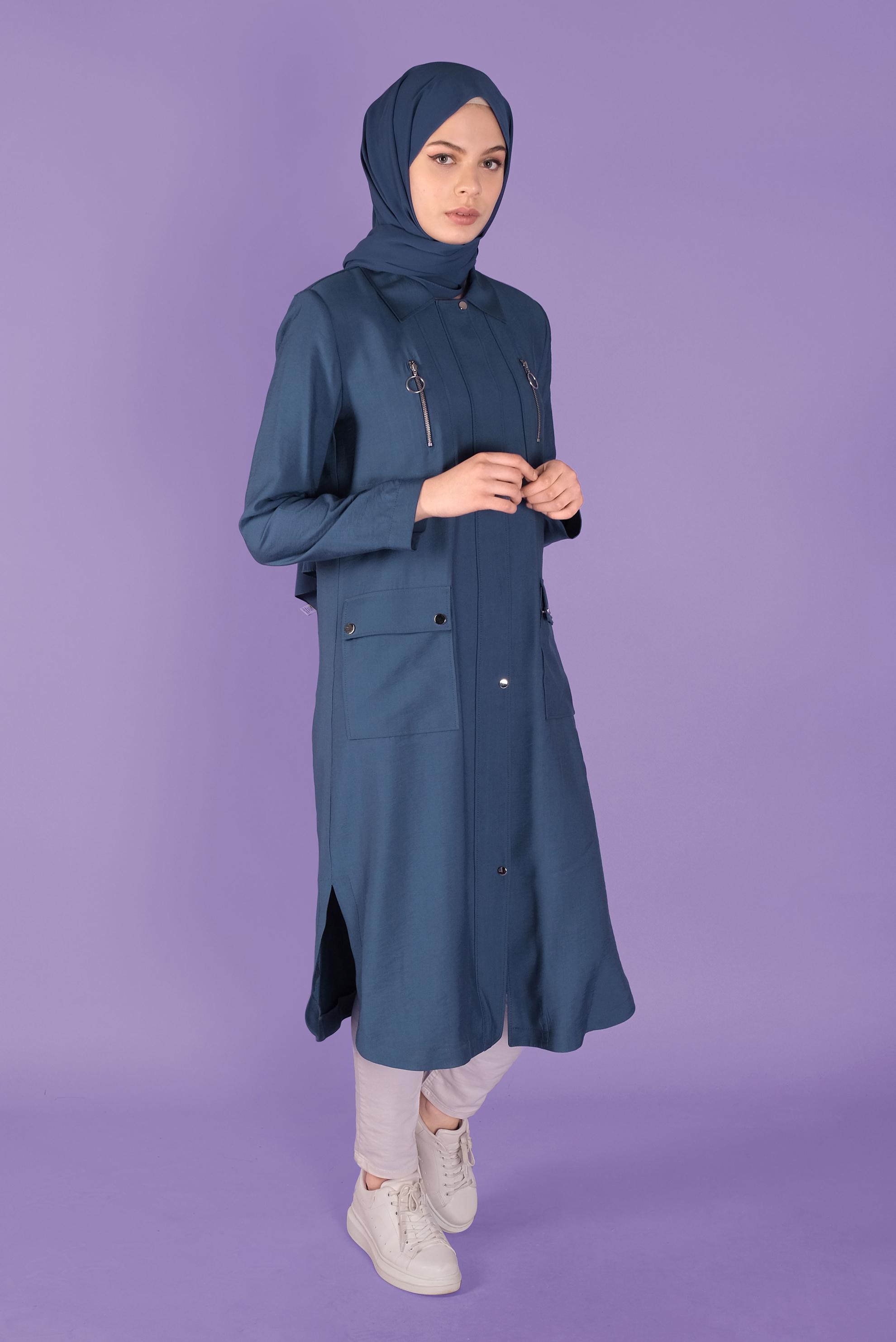 Tesettür giyim LACİVERT FERMUARLI TRENÇKOT 10327