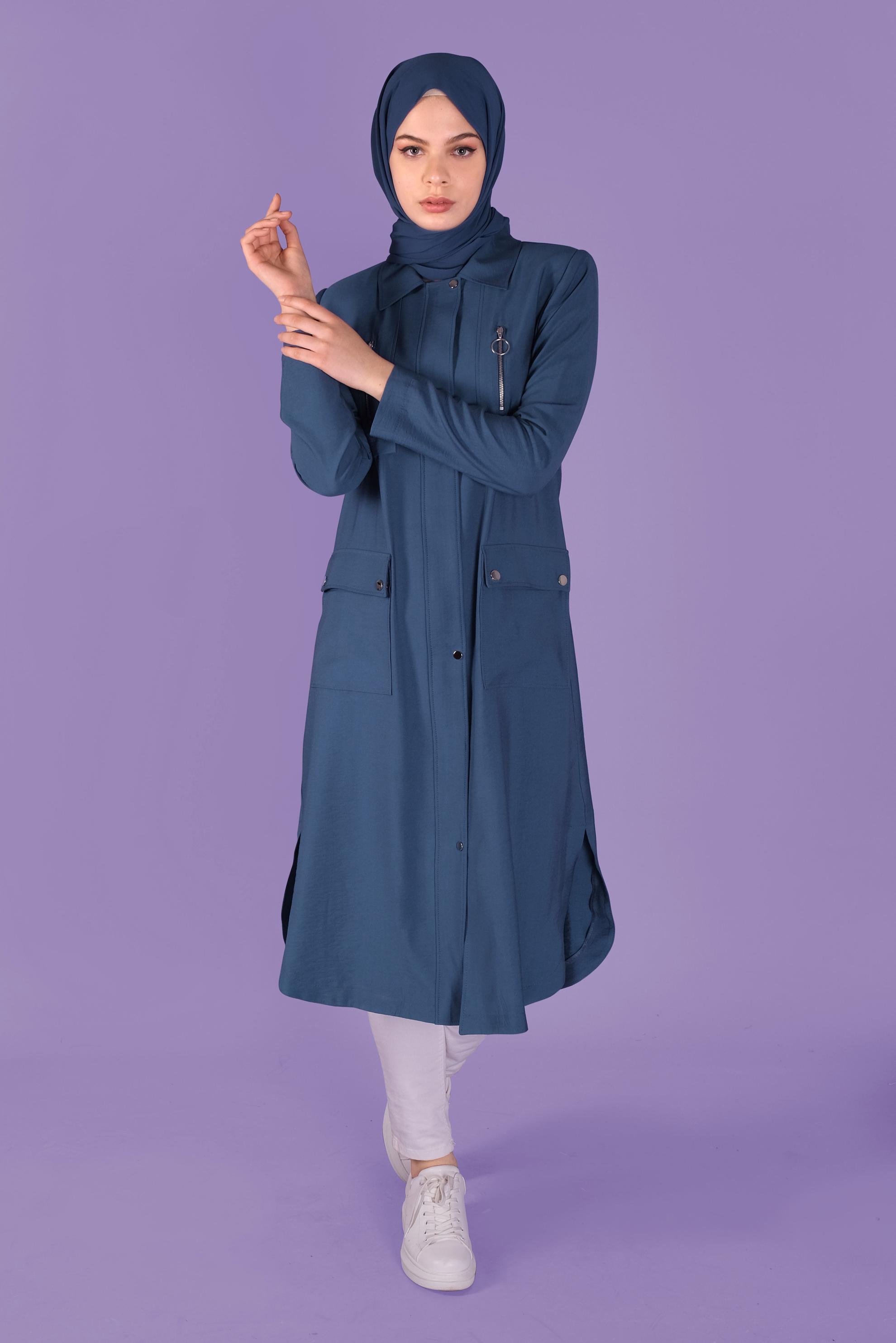Tesettür giyim LACİVERT FERMUARLI TRENÇKOT 10327