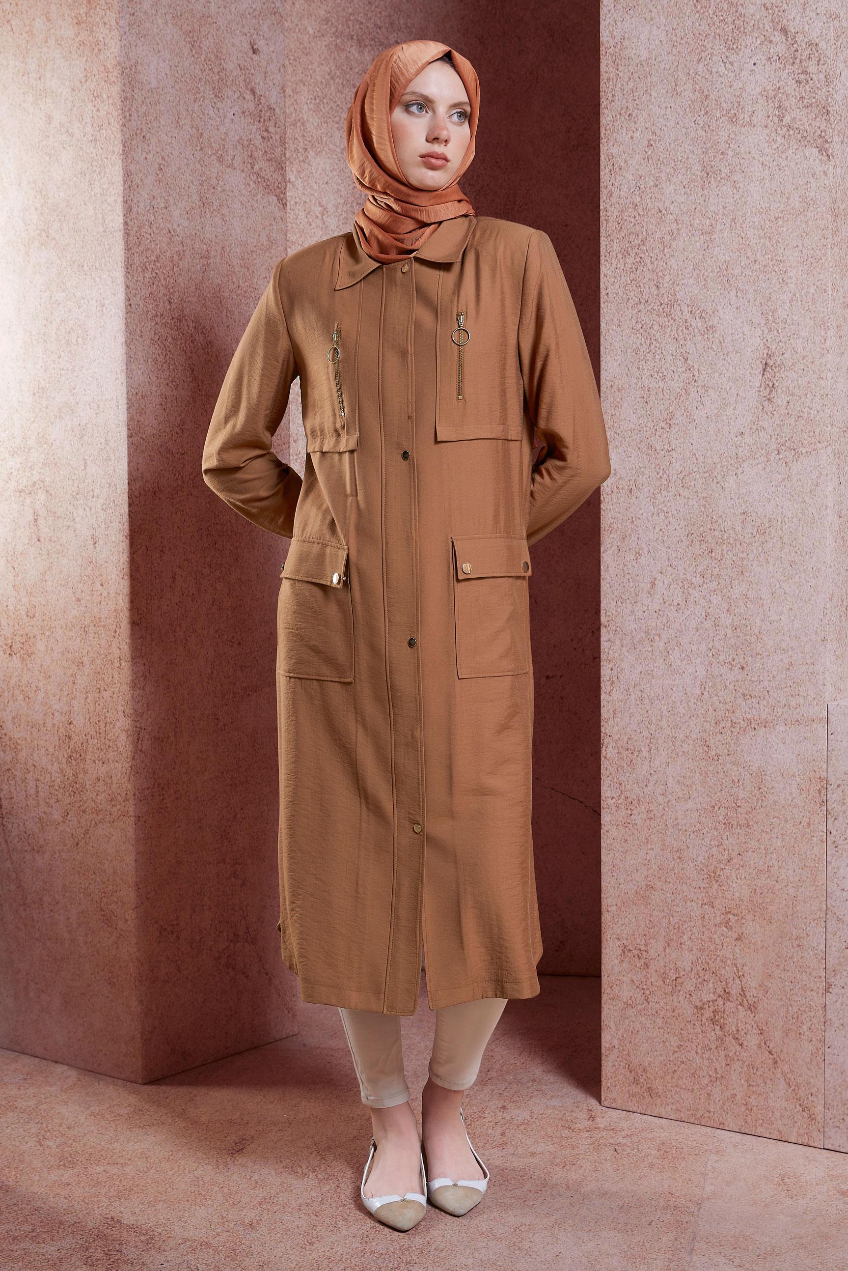 Hijab clothing BROWN ZIPPERED TRENCH COAT 10327