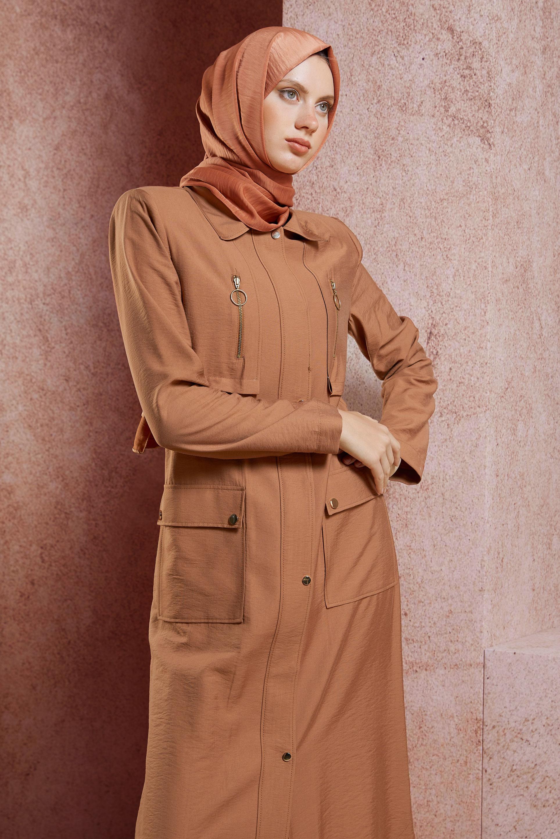 Hijab clothing BROWN ZIPPERED TRENCH COAT 10327