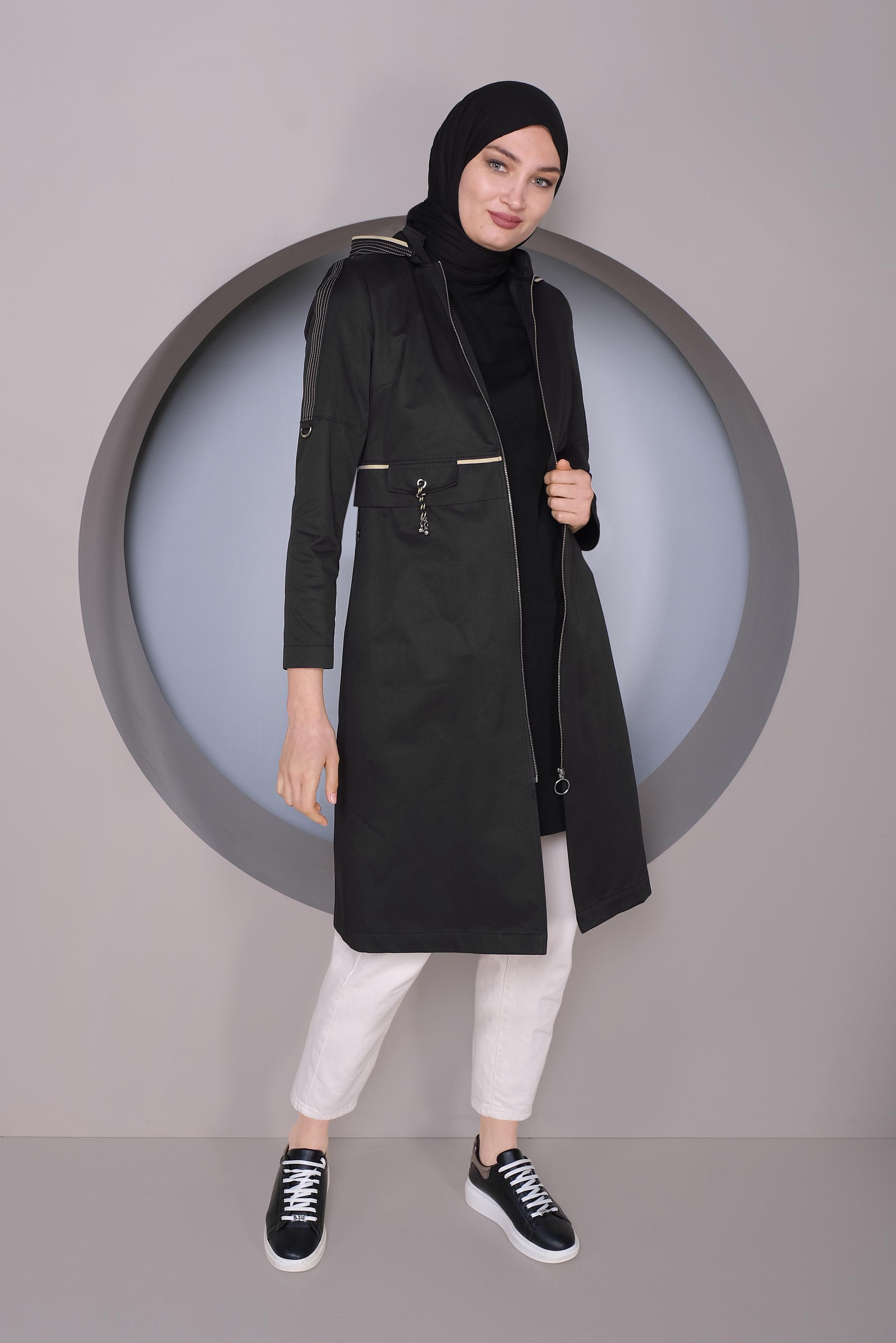 Tesettür giyim SİYAH KAPÜŞONLU FERMUARLI TRENÇKOT 10328