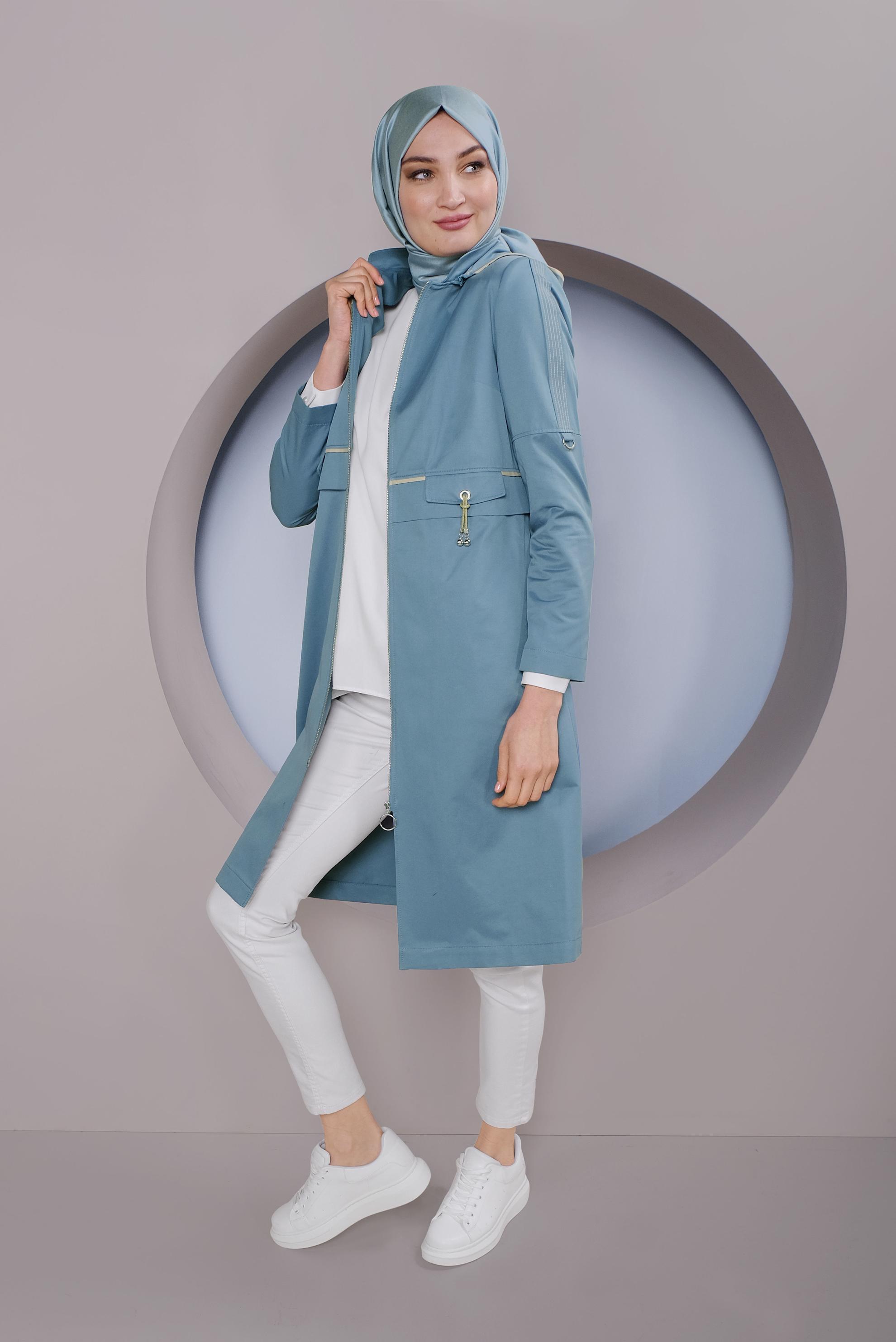 Tesettür giyim MAVİ KAPÜŞONLU FERMUARLI TRENÇKOT 10328