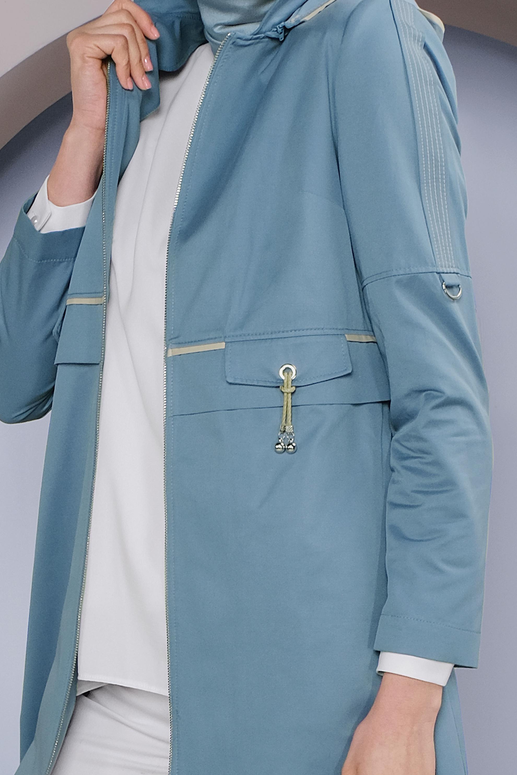 Tesettür giyim MAVİ KAPÜŞONLU FERMUARLI TRENÇKOT 10328