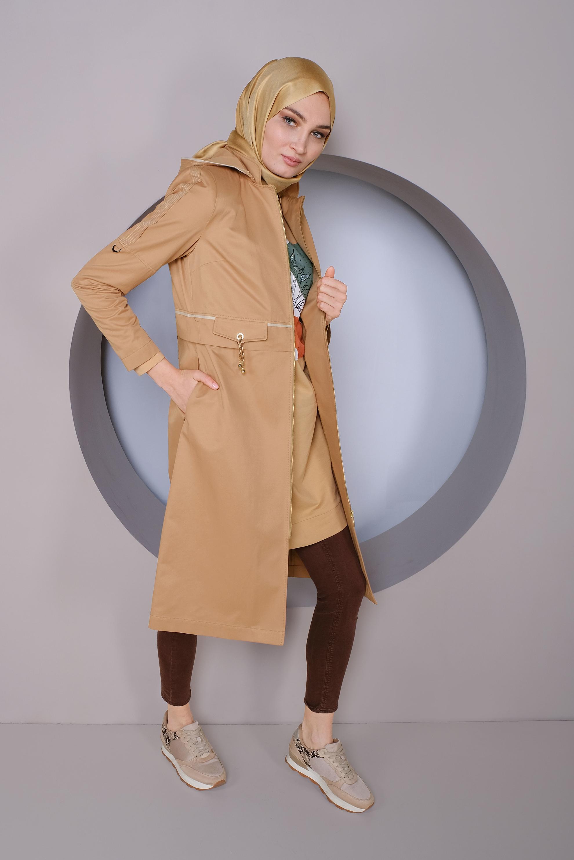 Tesettür giyim KAHVE KAPÜŞONLU FERMUARLI TRENÇKOT 10328