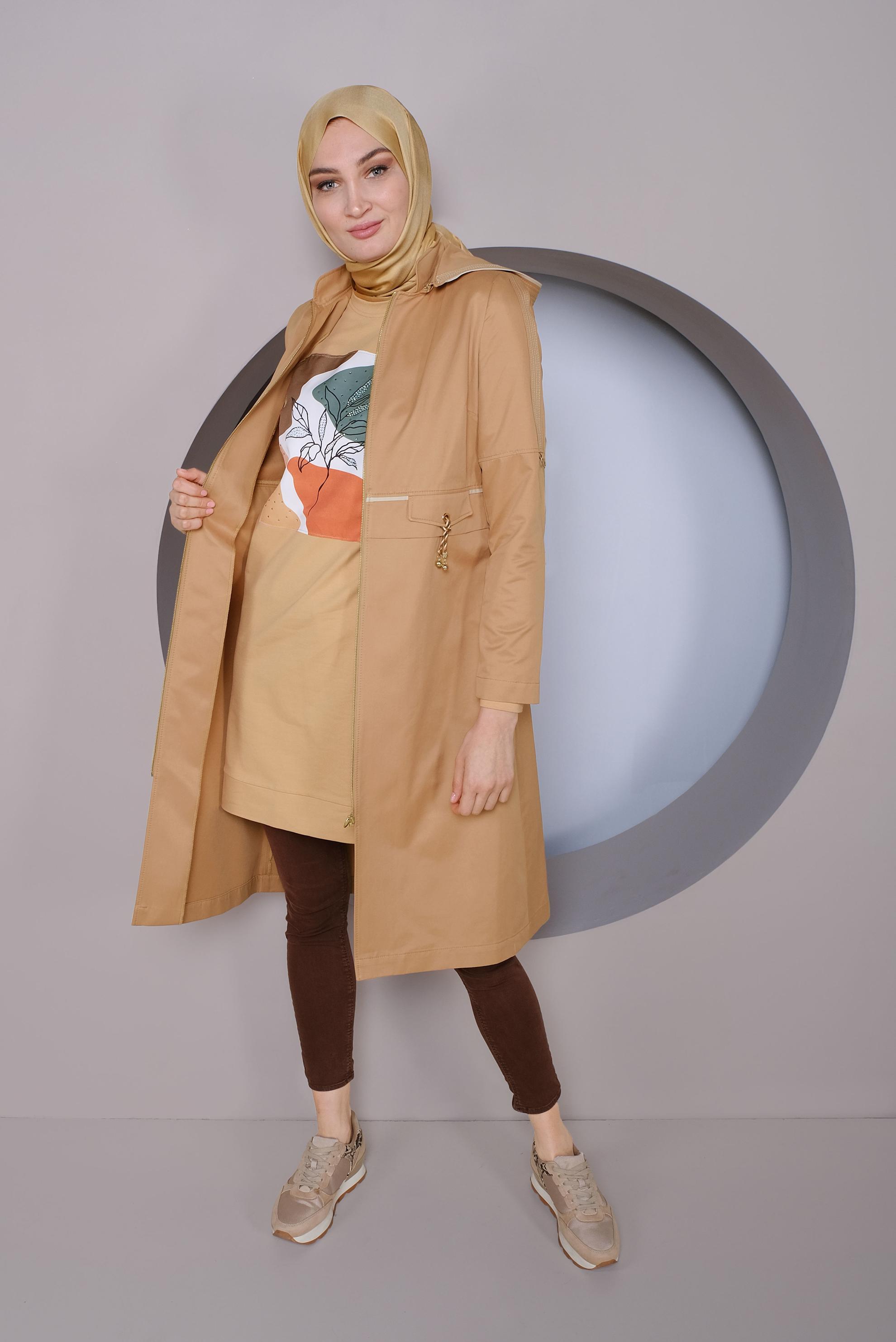 Tesettür giyim KAHVE KAPÜŞONLU FERMUARLI TRENÇKOT 10328