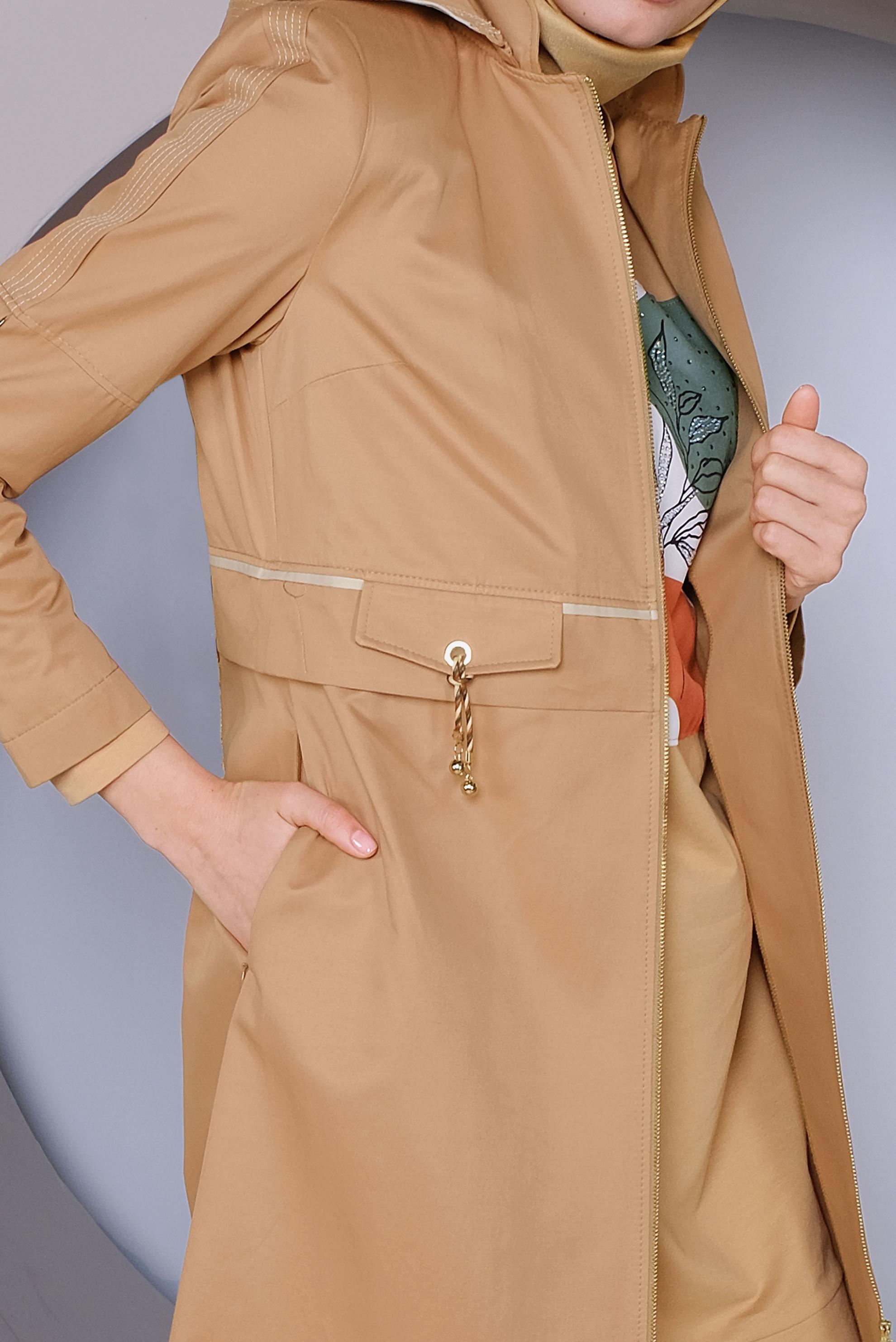 Tesettür giyim KAHVE KAPÜŞONLU FERMUARLI TRENÇKOT 10328