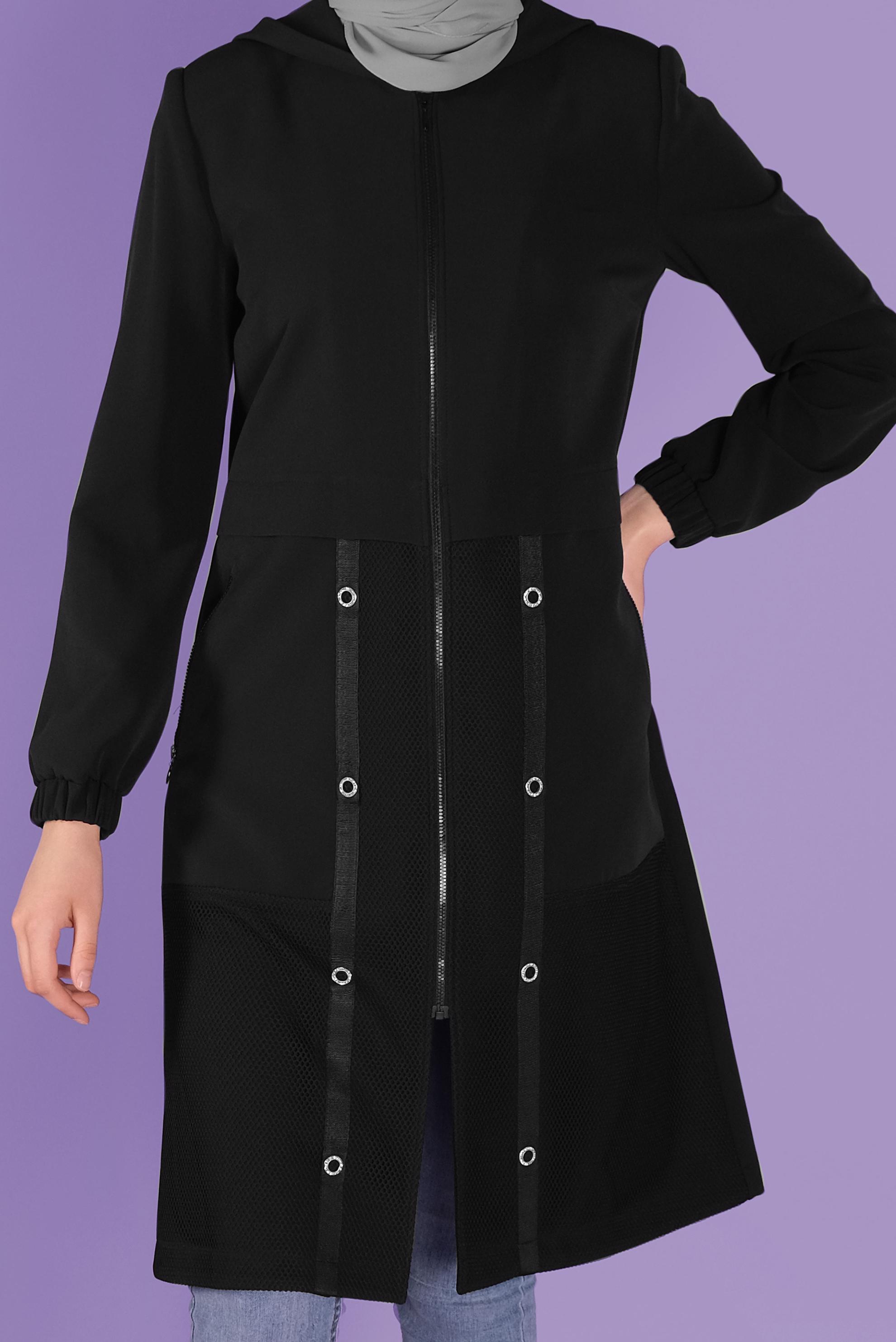 Tesettür giyim SİYAH FİLELİ KUŞGÖZÜ DETAYLI TRENÇKOT 10329