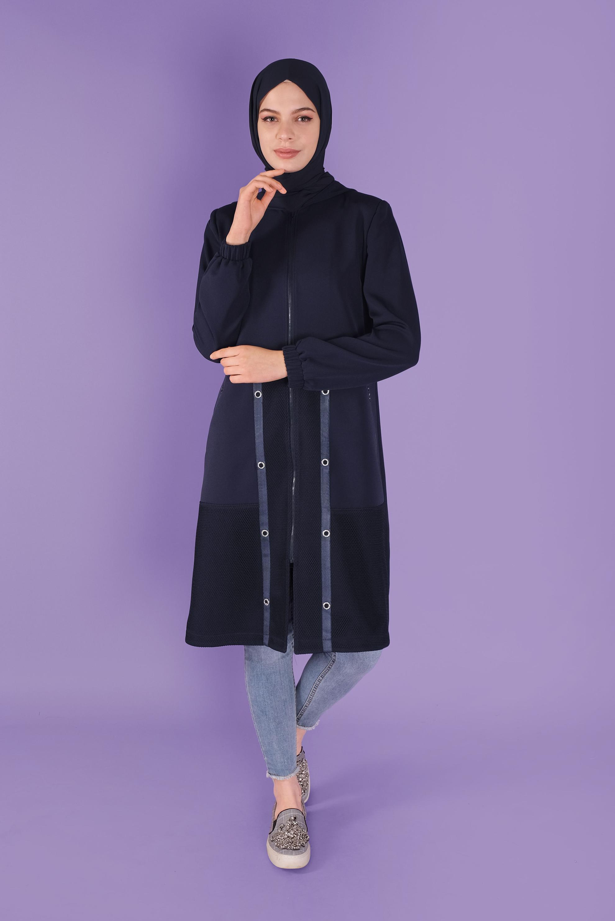 Tesettür giyim LACİVERT FİLELİ KUŞGÖZÜ DETAYLI TRENÇKOT 10329