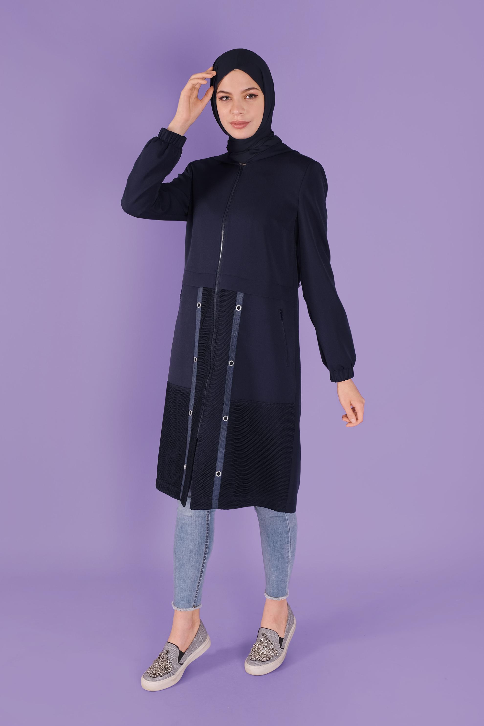 Tesettür giyim LACİVERT FİLELİ KUŞGÖZÜ DETAYLI TRENÇKOT 10329