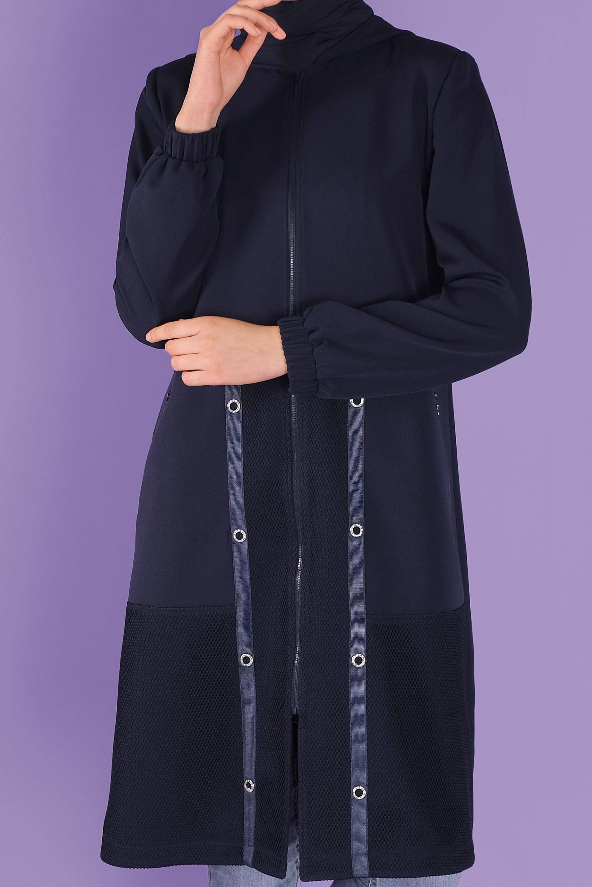 Tesettür giyim LACİVERT FİLELİ KUŞGÖZÜ DETAYLI TRENÇKOT 10329