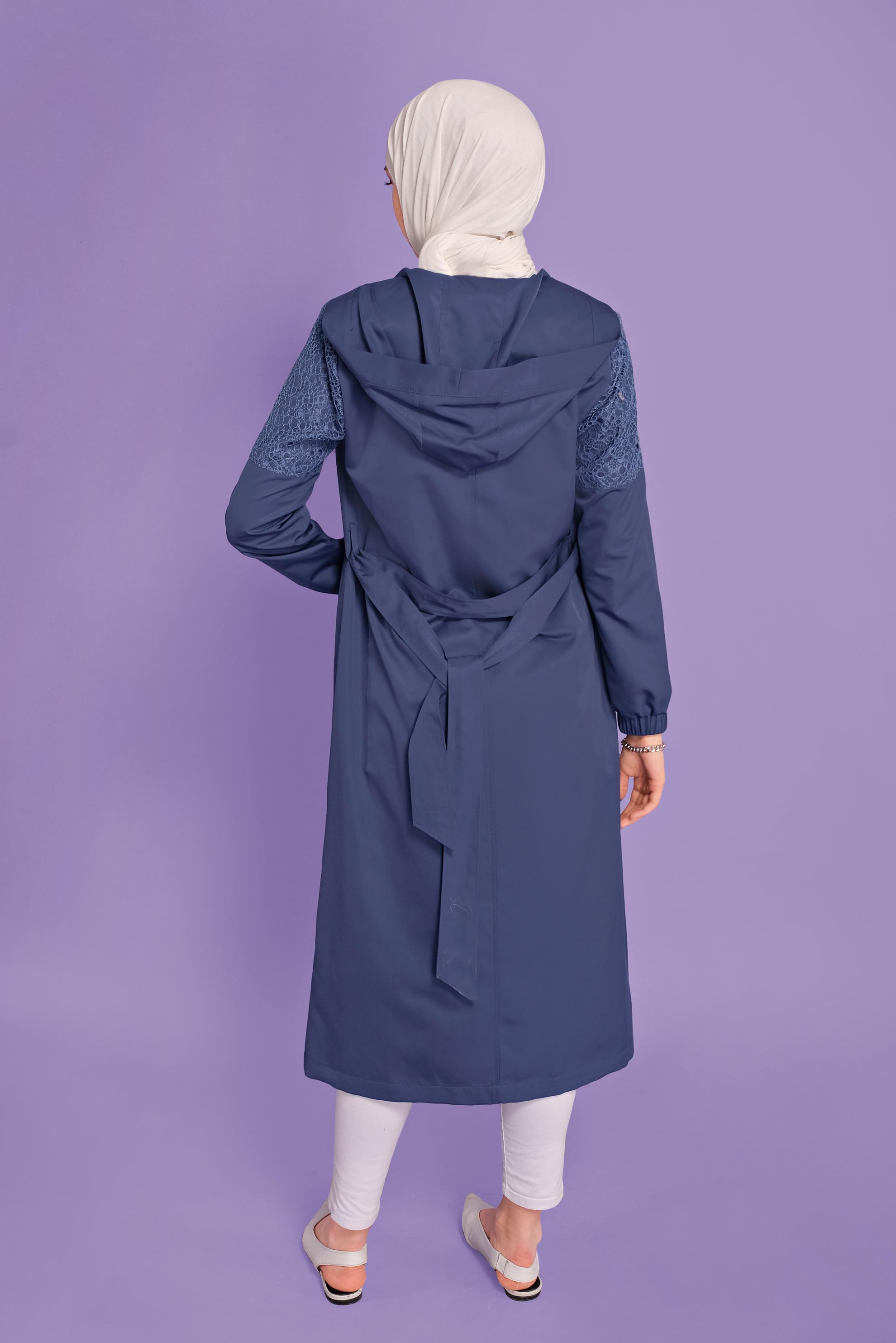 Tesettür giyim LACİVERT ETEK UCU BÜZGÜLÜ DANTEL DESENLİ TRENÇKOT 10335