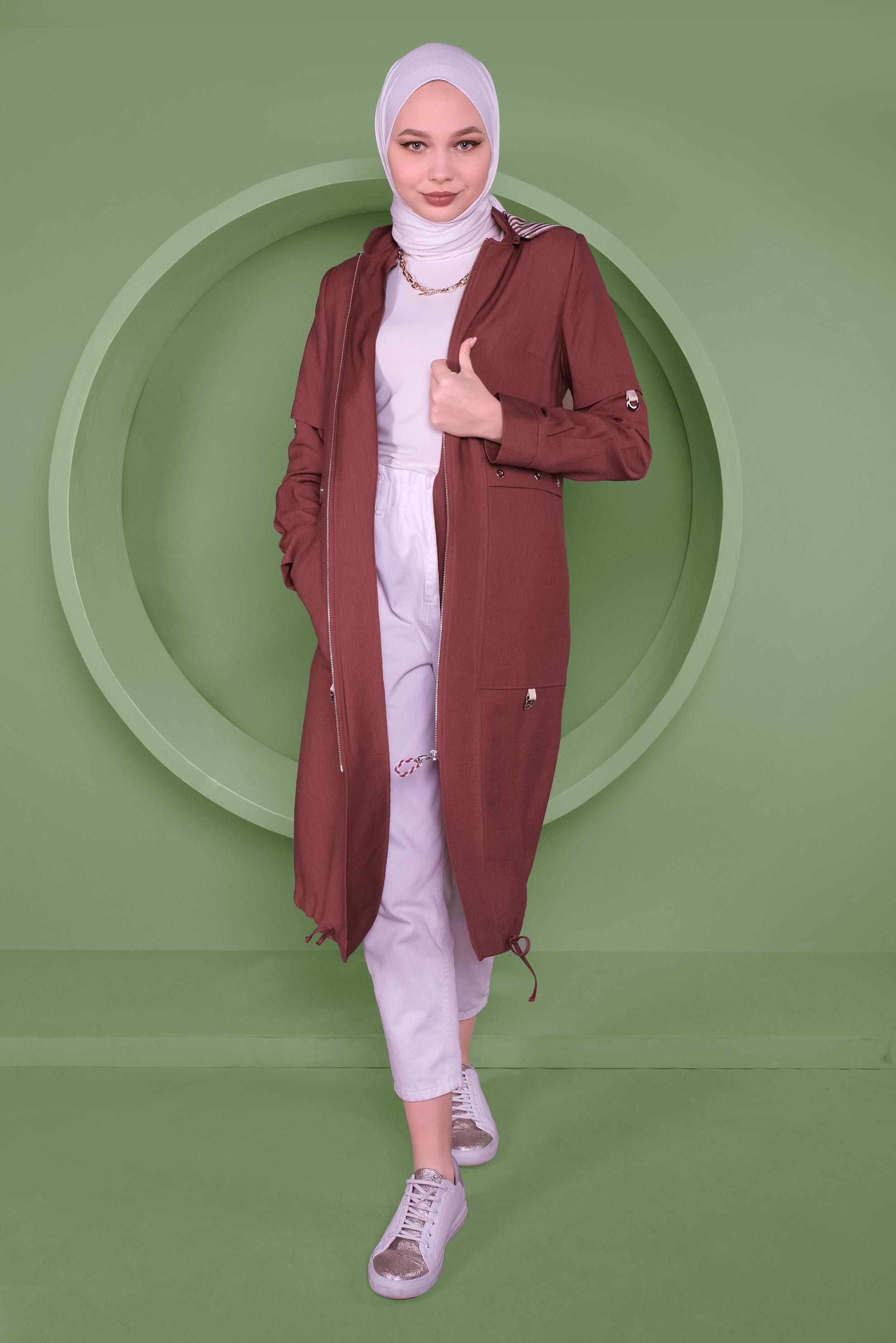 Tesettür giyim BORDO KAPÜŞONLU TRENÇKOT 10338