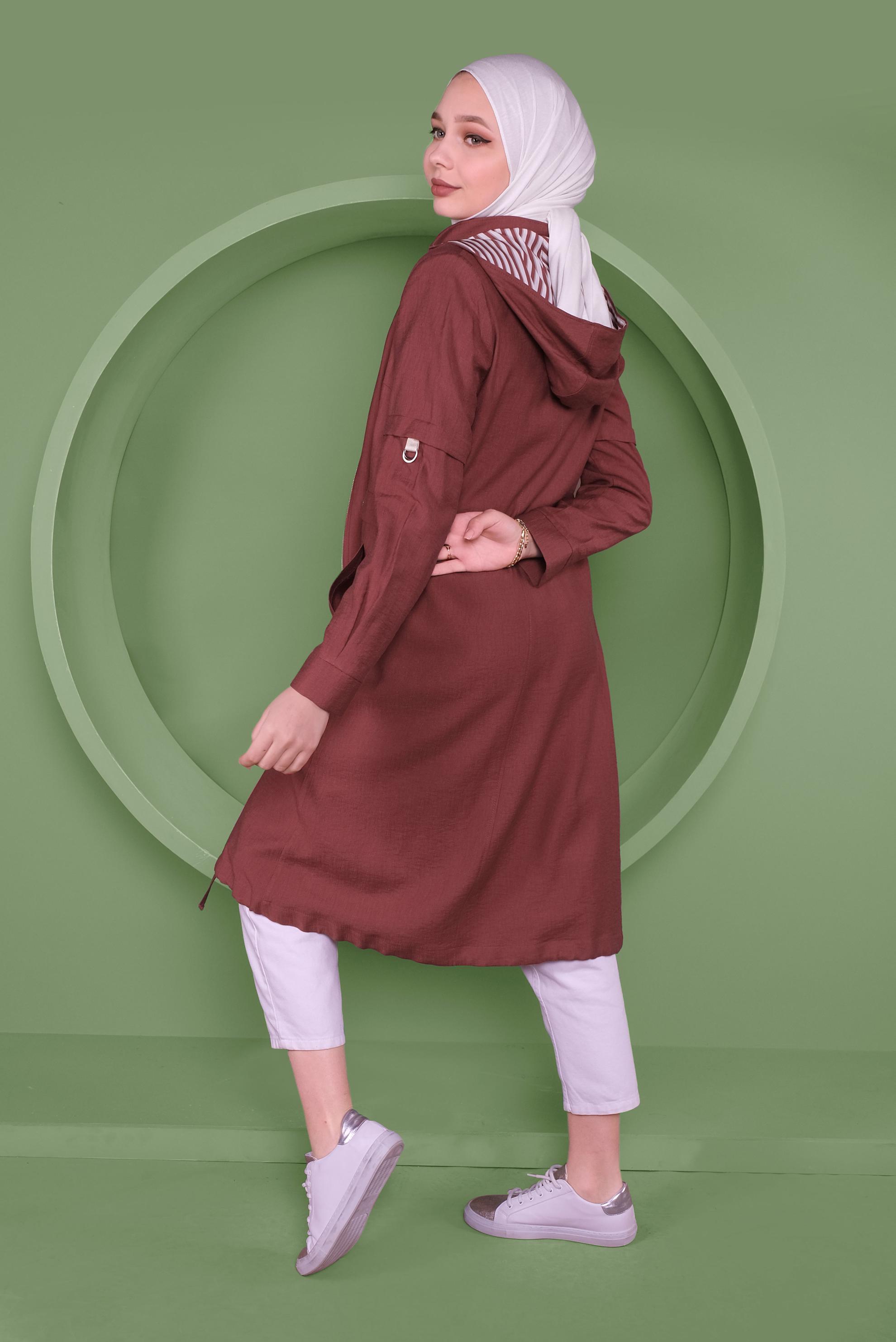 Tesettür giyim BORDO KAPÜŞONLU TRENÇKOT 10338