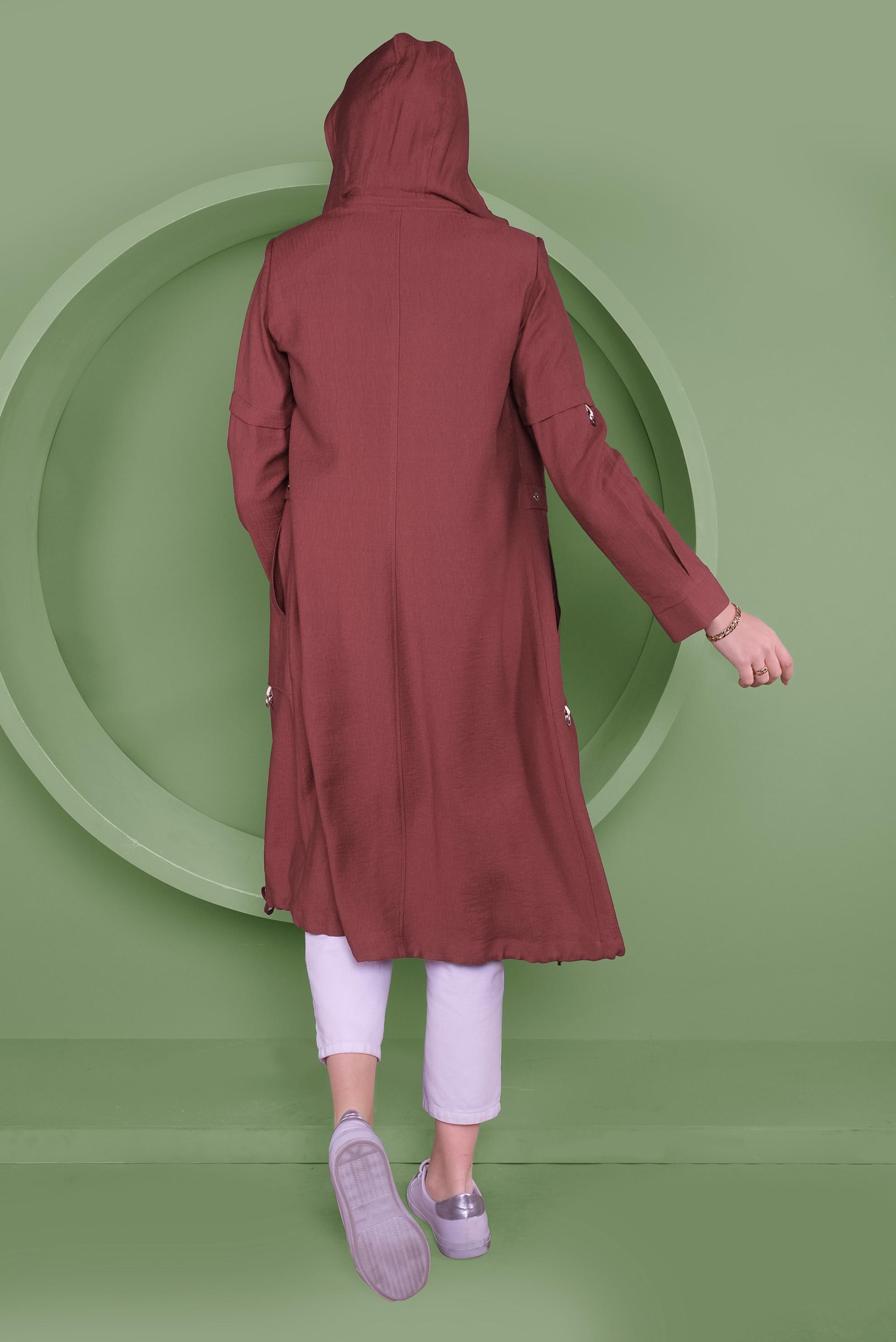 Tesettür giyim BORDO KAPÜŞONLU TRENÇKOT 10338