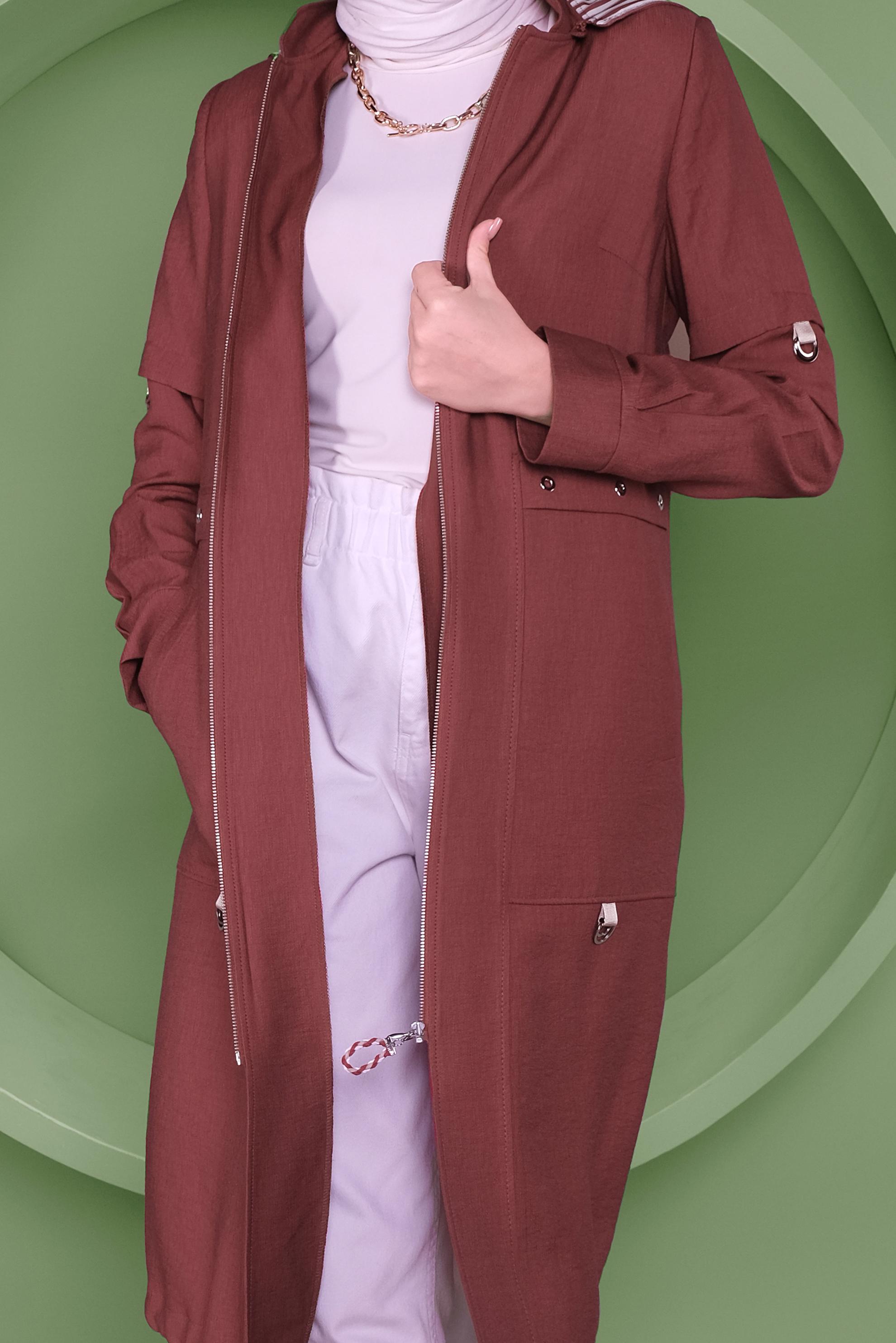 Tesettür giyim BORDO KAPÜŞONLU TRENÇKOT 10338