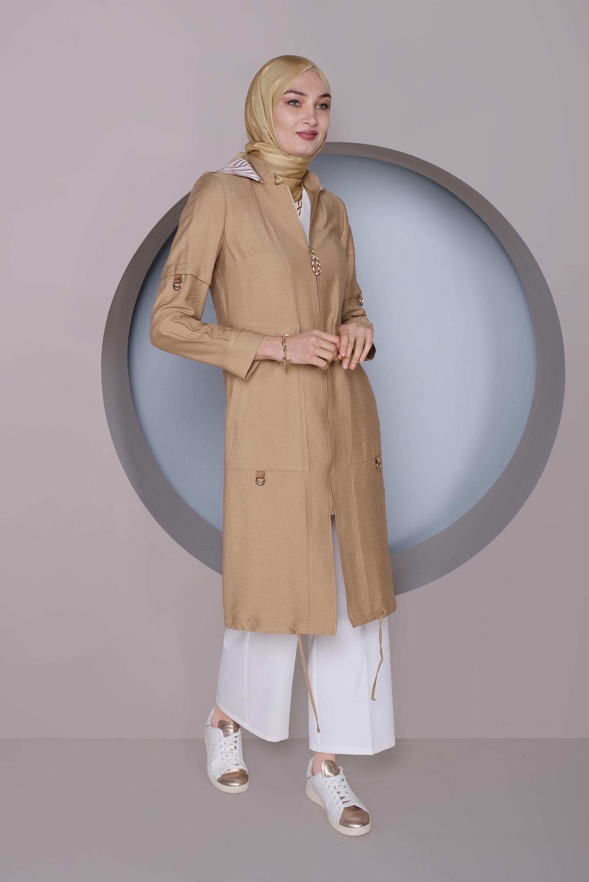 Tesettür giyim KAHVE KAPÜŞONLU TRENÇKOT 10338