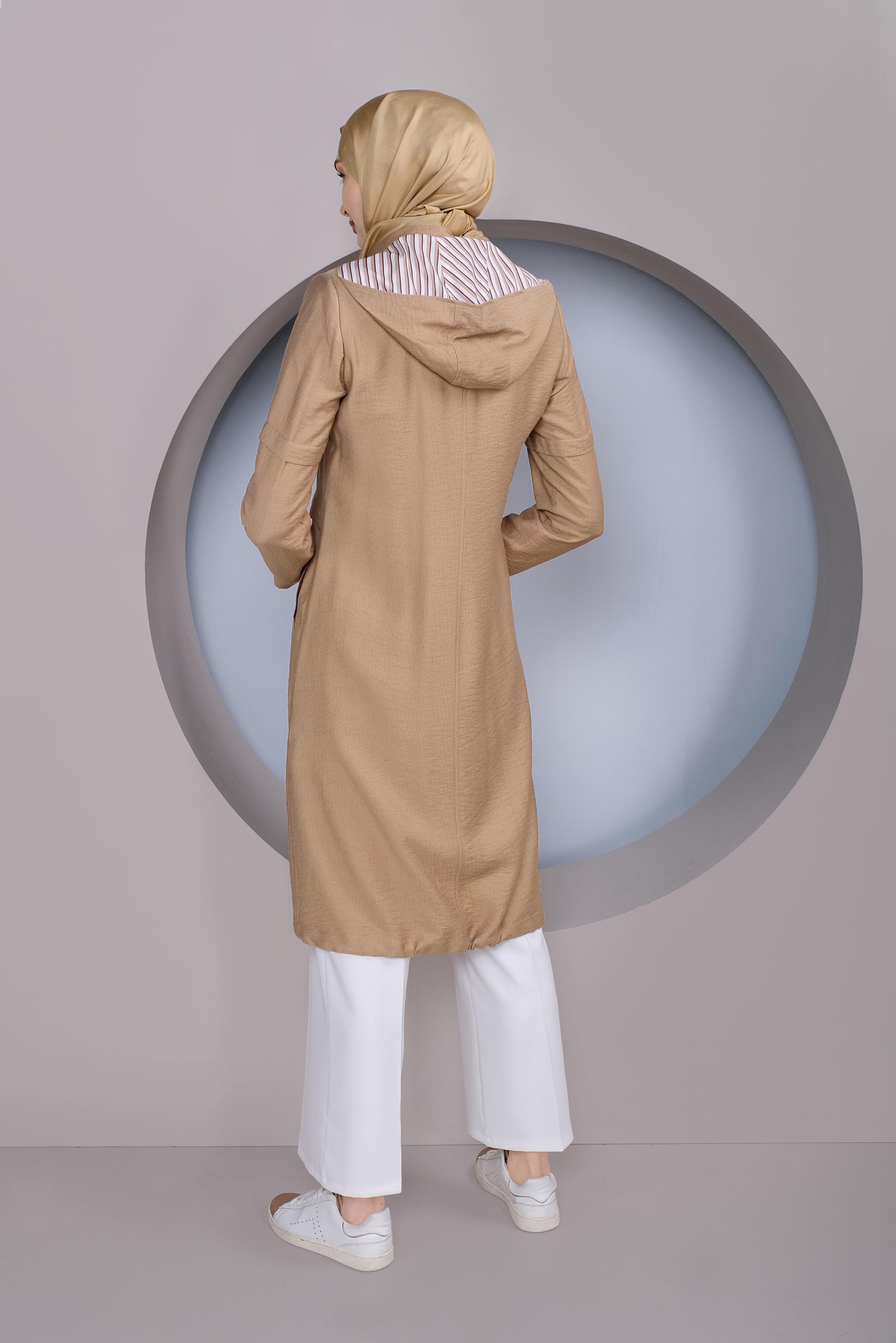 Tesettür giyim KAHVE KAPÜŞONLU TRENÇKOT 10338