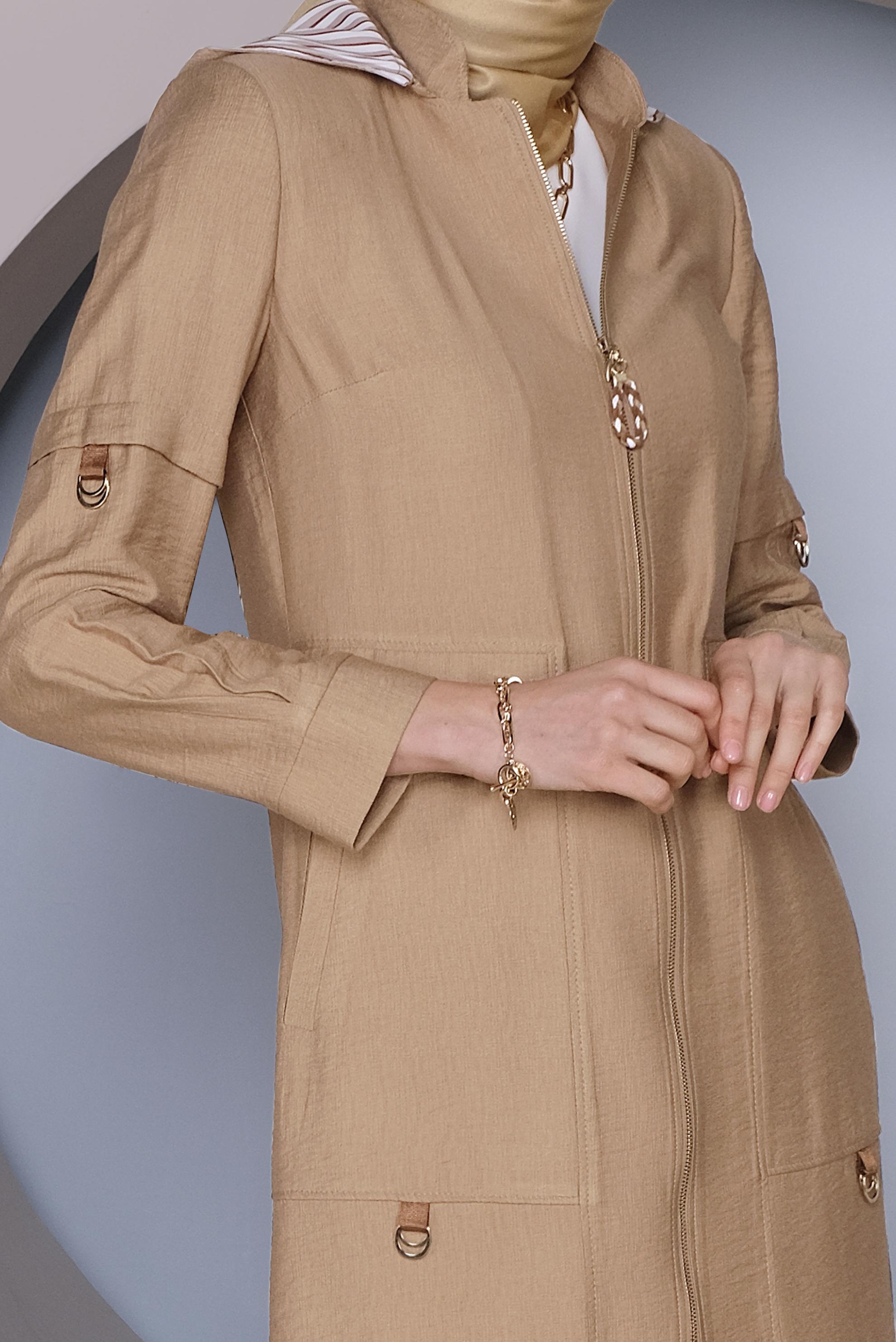 Tesettür giyim KAHVE KAPÜŞONLU TRENÇKOT 10338