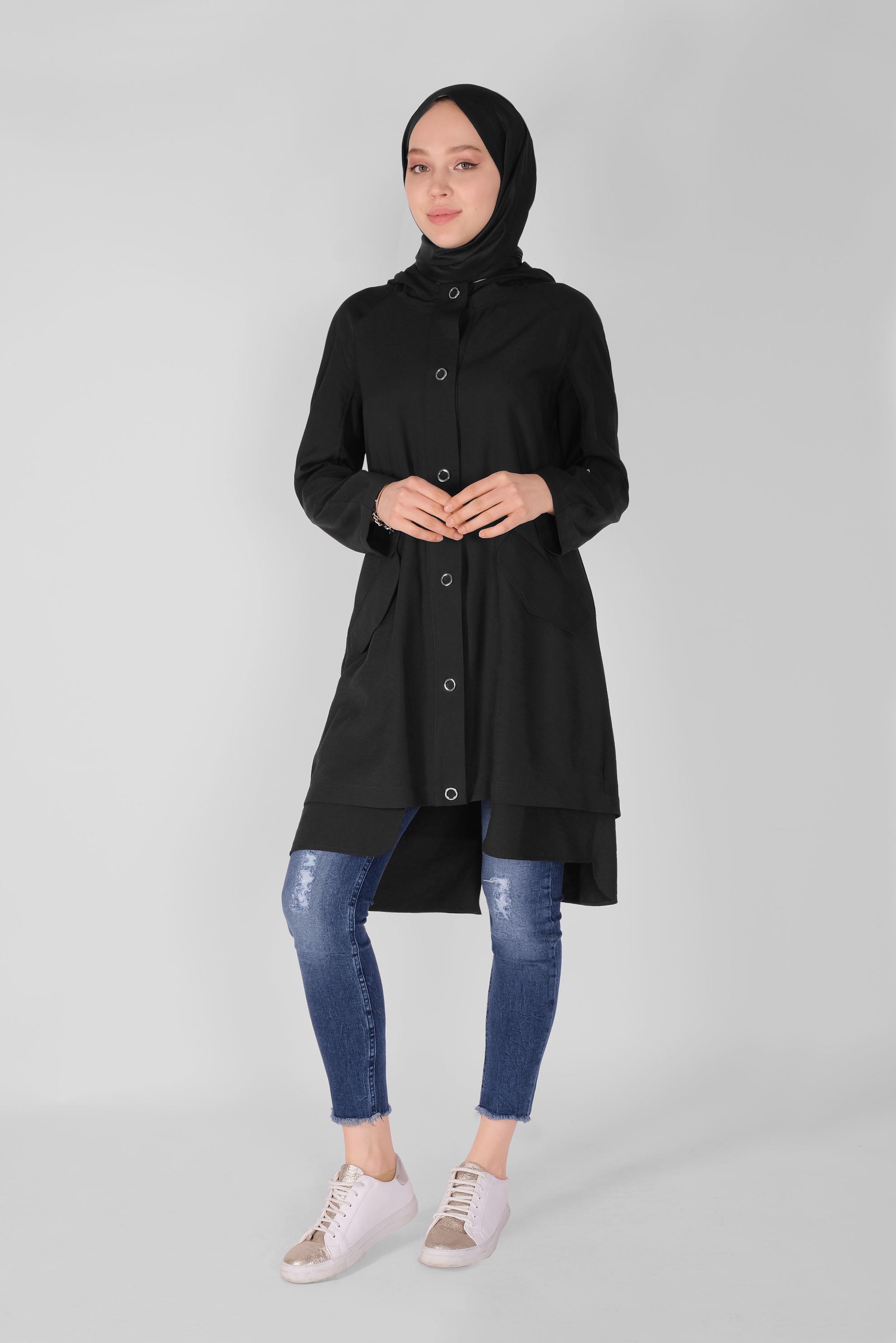 Tesettür giyim SİYAH ASİMETRİK CEPLİ TRENÇKOT 10343 