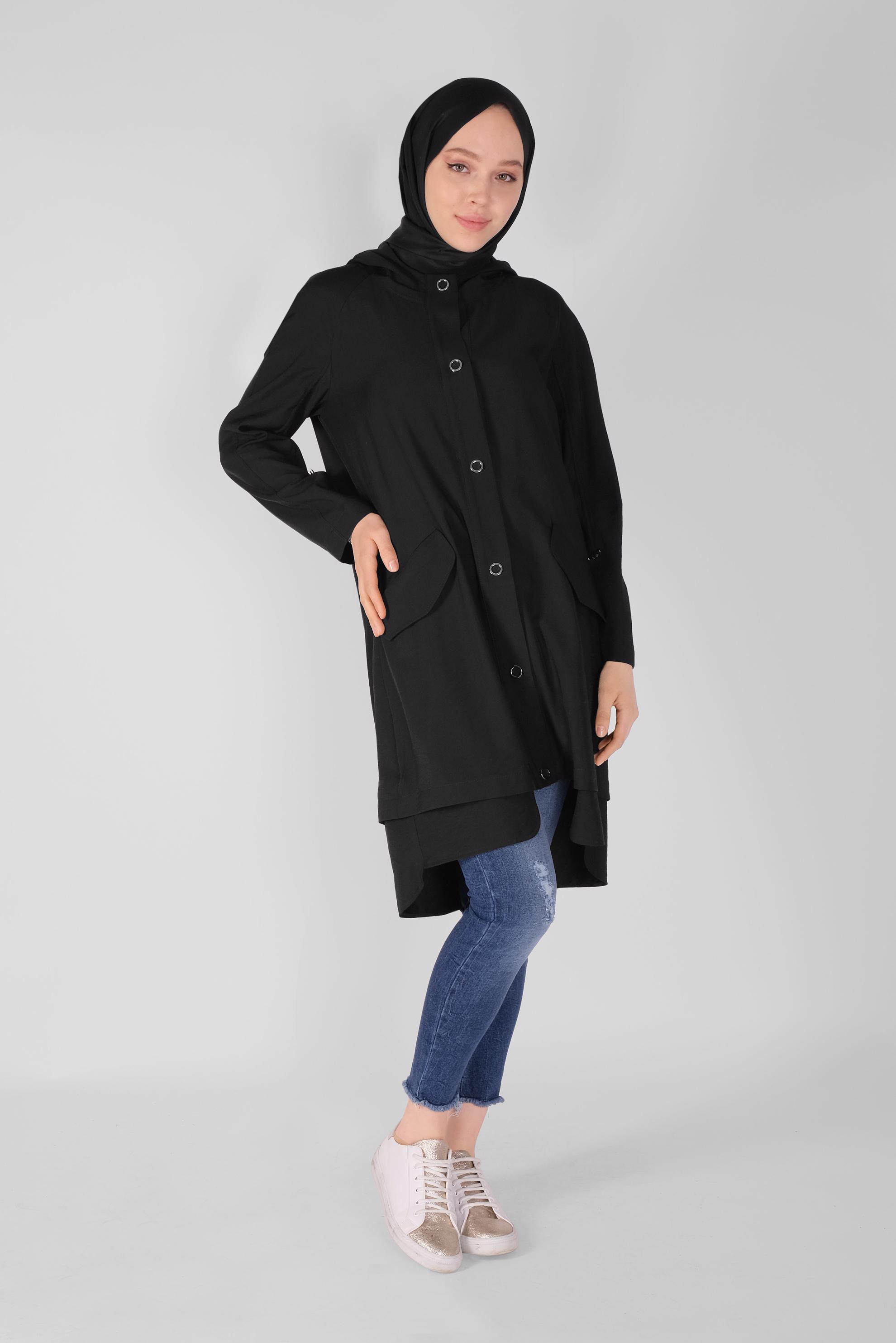 Tesettür giyim SİYAH ASİMETRİK CEPLİ TRENÇKOT 10343 