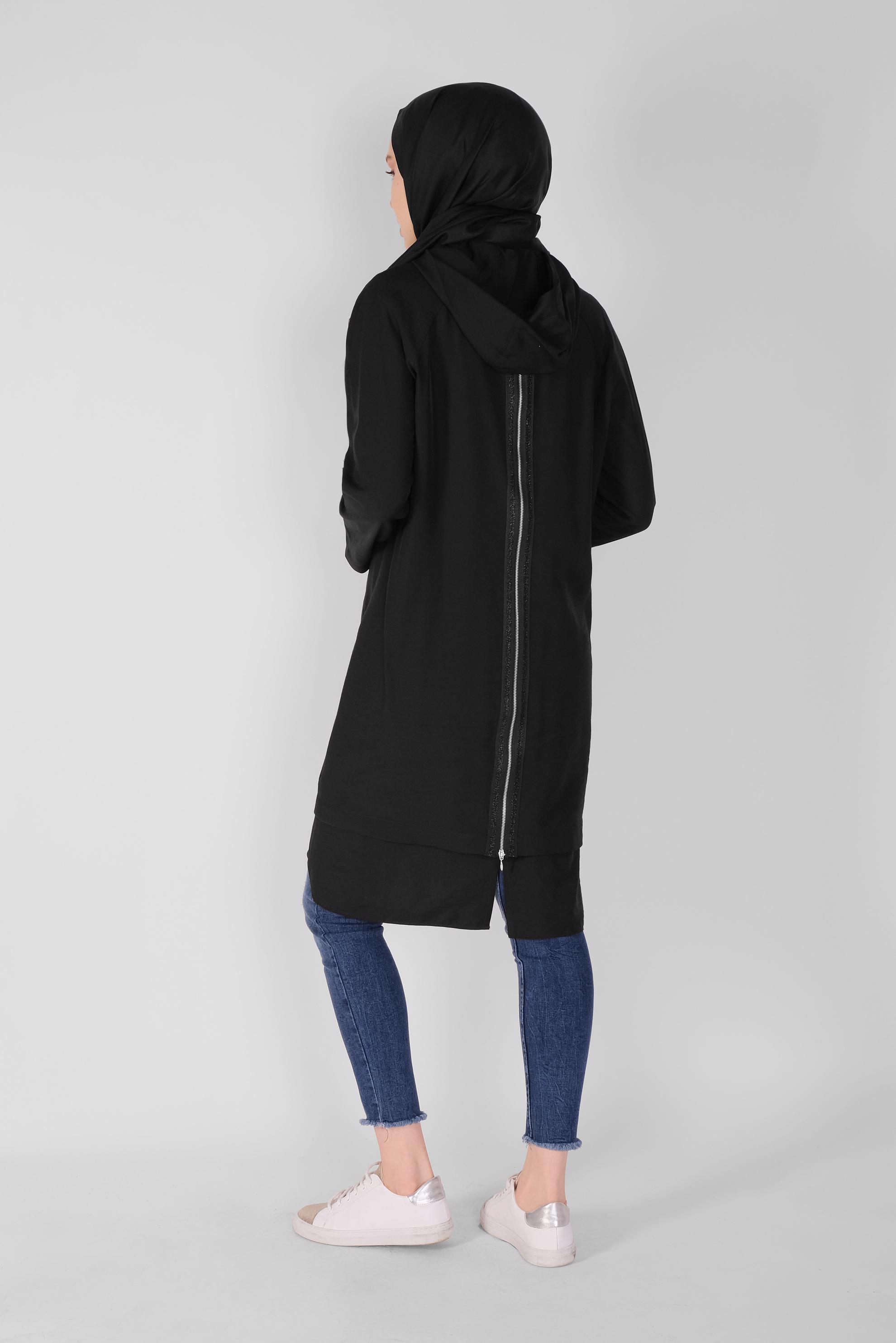 Tesettür giyim SİYAH ASİMETRİK CEPLİ TRENÇKOT 10343 