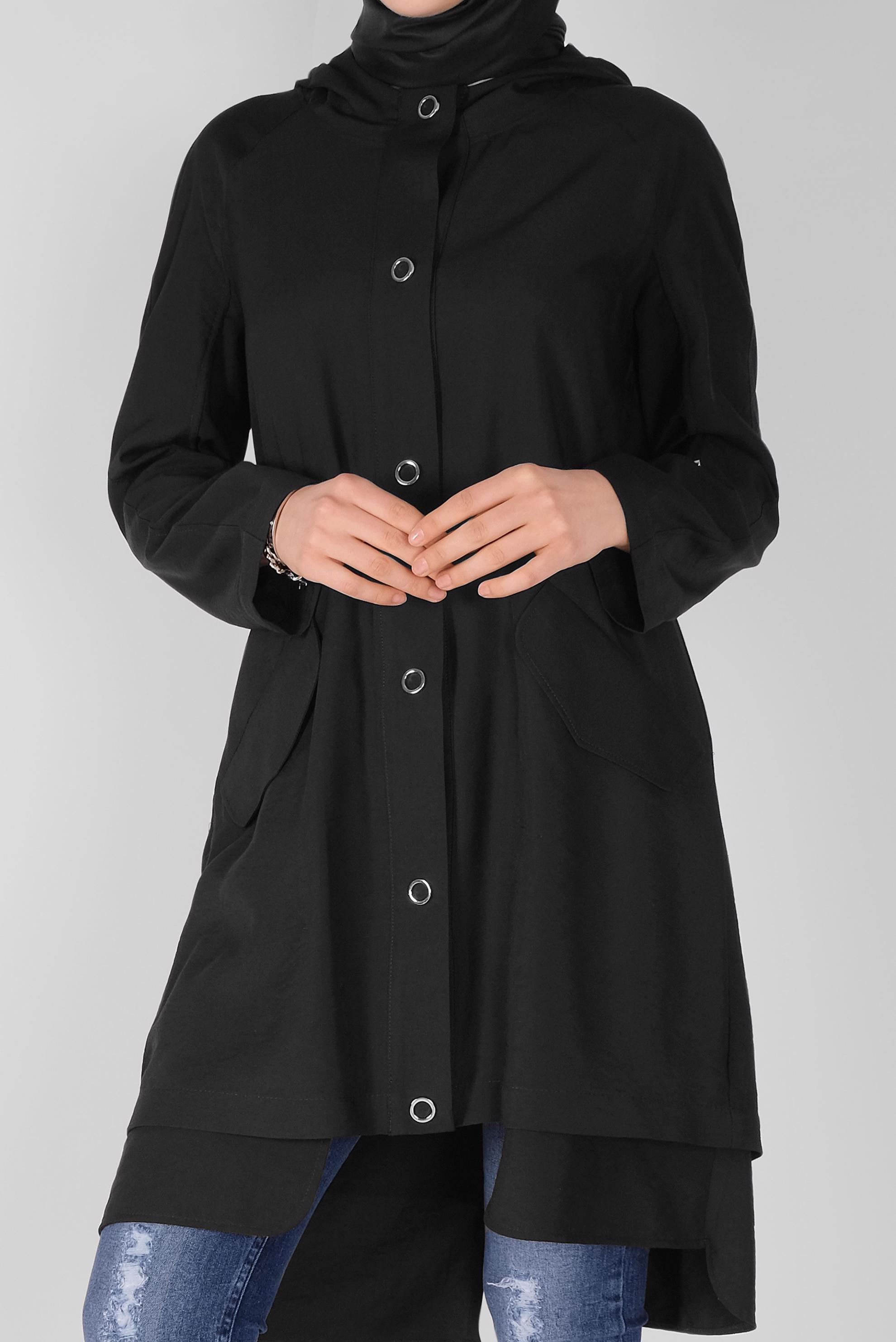 Tesettür giyim SİYAH ASİMETRİK CEPLİ TRENÇKOT 10343 