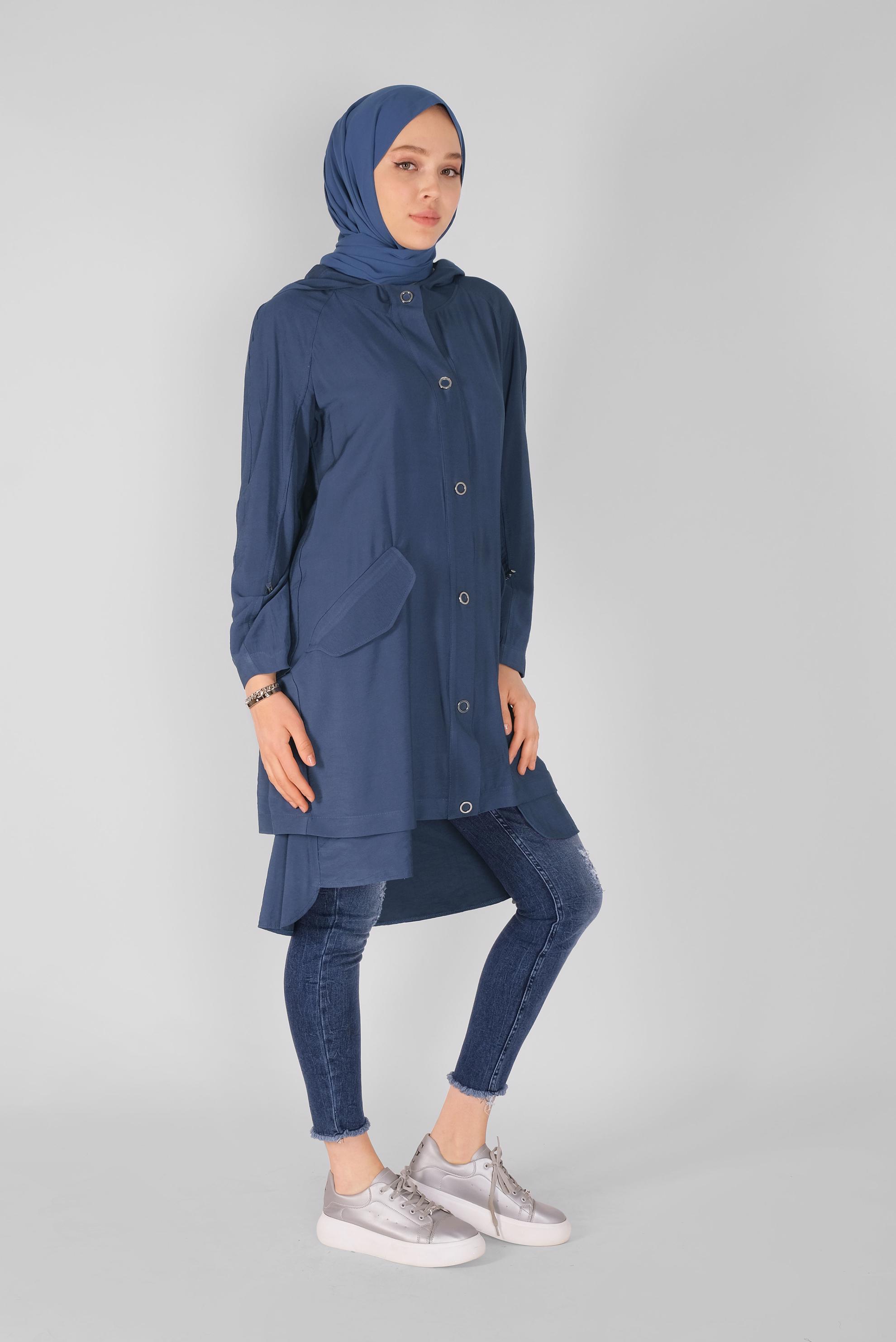 Tesettür giyim LACİVERT ASİMETRİK CEPLİ TRENÇKOT 10343 