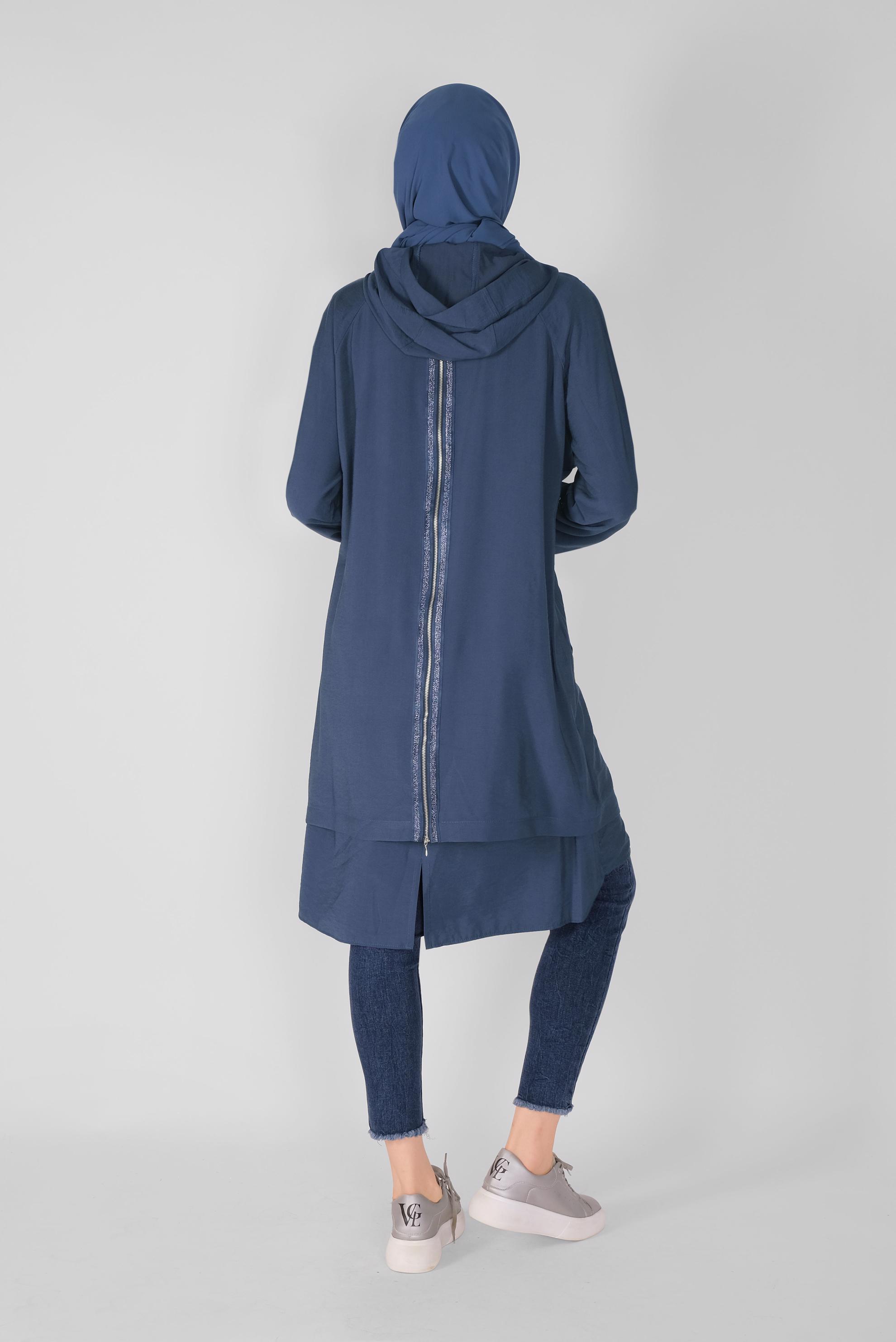 Tesettür giyim LACİVERT ASİMETRİK CEPLİ TRENÇKOT 10343 