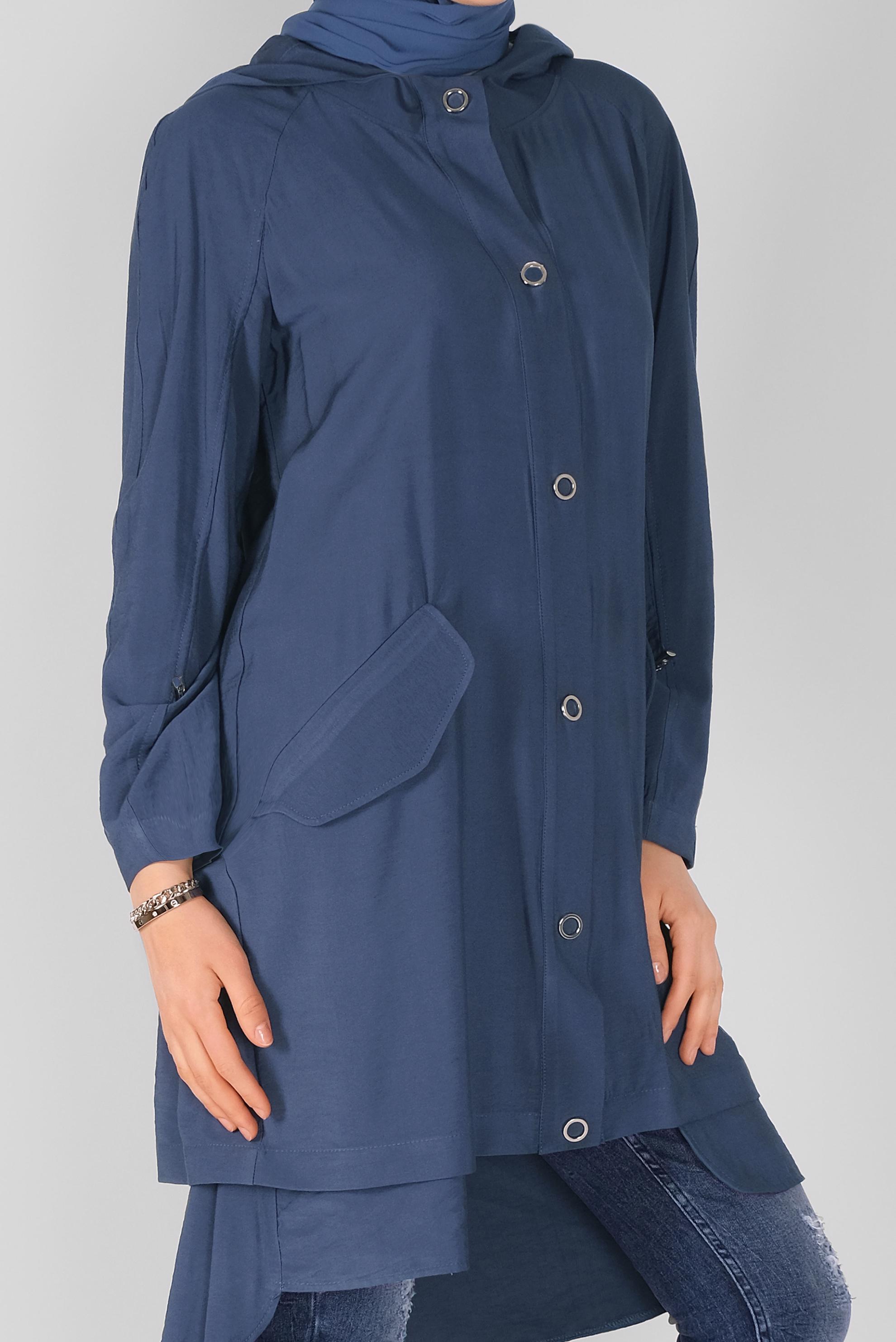 Tesettür giyim LACİVERT ASİMETRİK CEPLİ TRENÇKOT 10343 