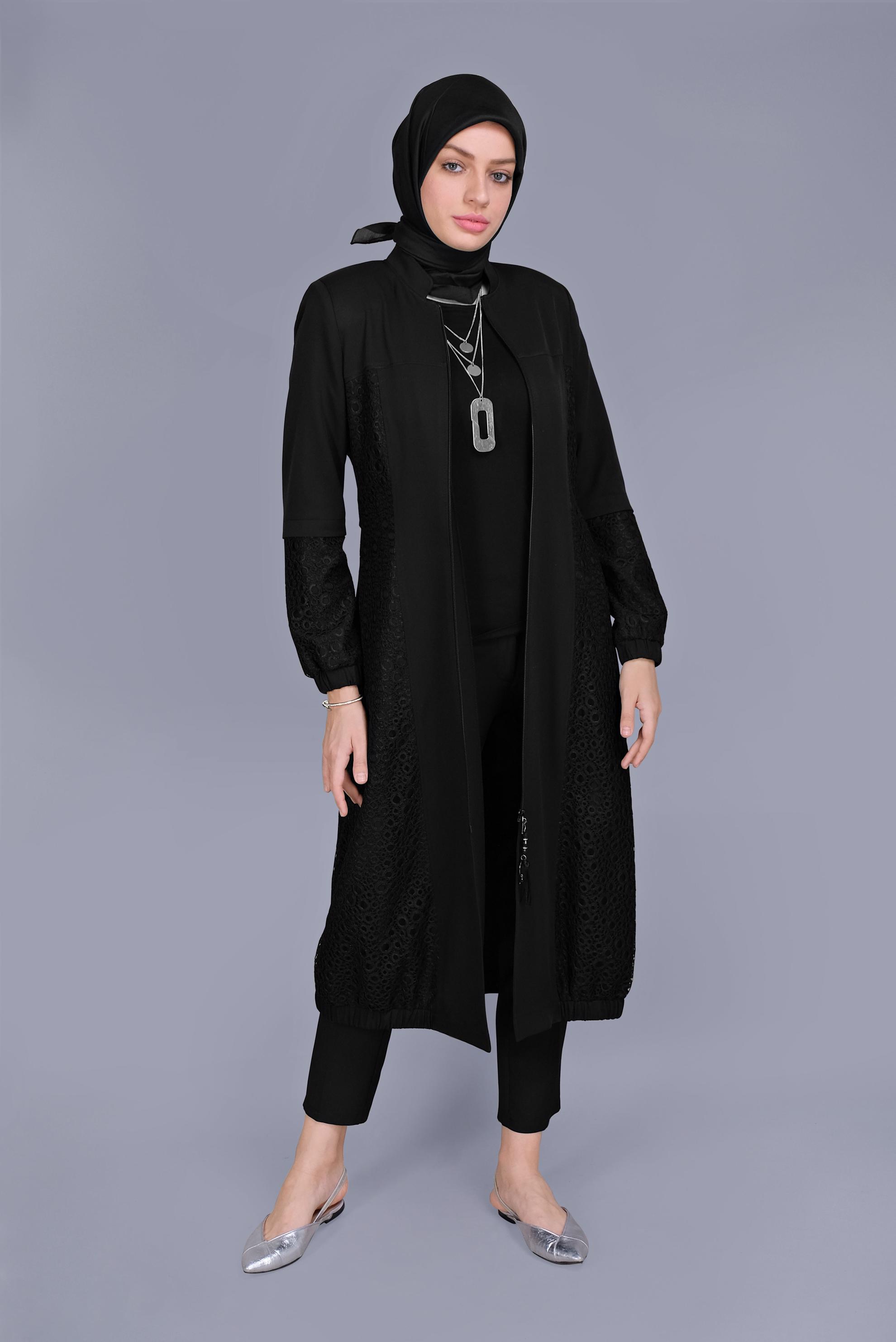 Tesettür giyim SİYAH GÜPÜR DETAYLI FERMUARLI TRENÇKOT 10378