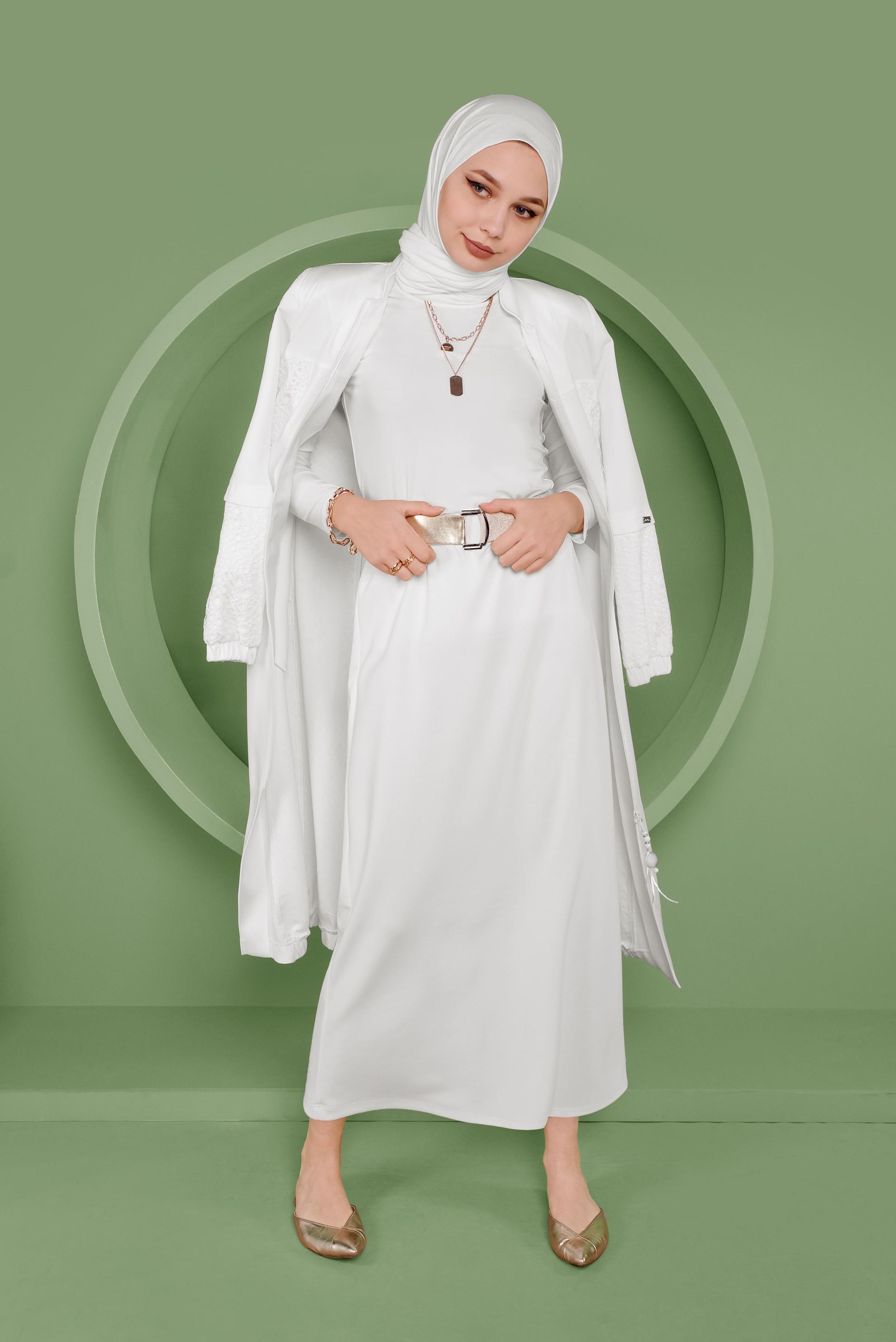 Tesettür giyim BEYAZ GÜPÜR DETAYLI FERMUARLI TRENÇKOT 10378