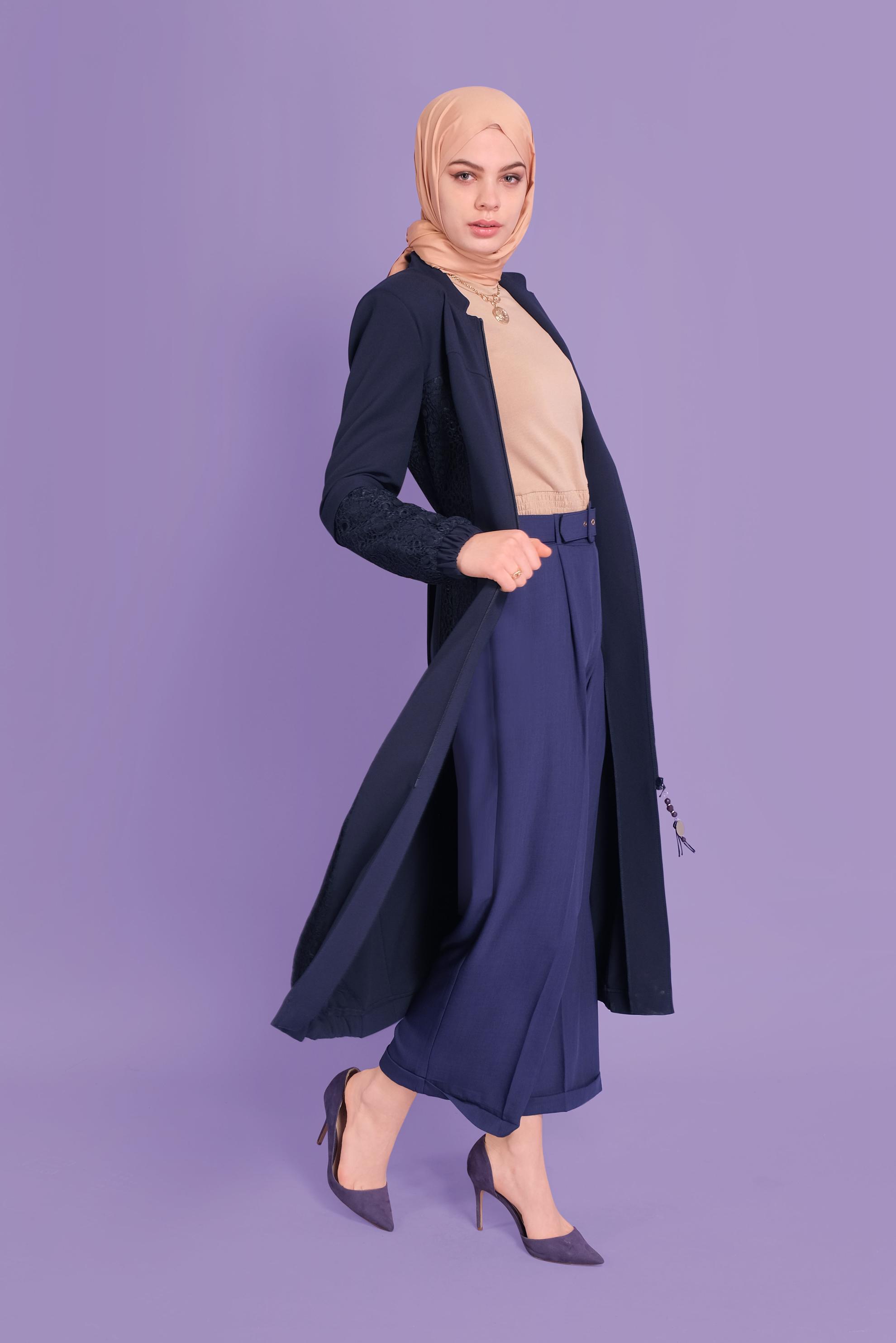Tesettür giyim LACİVERT GÜPÜR DETAYLI FERMUARLI TRENÇKOT 10378