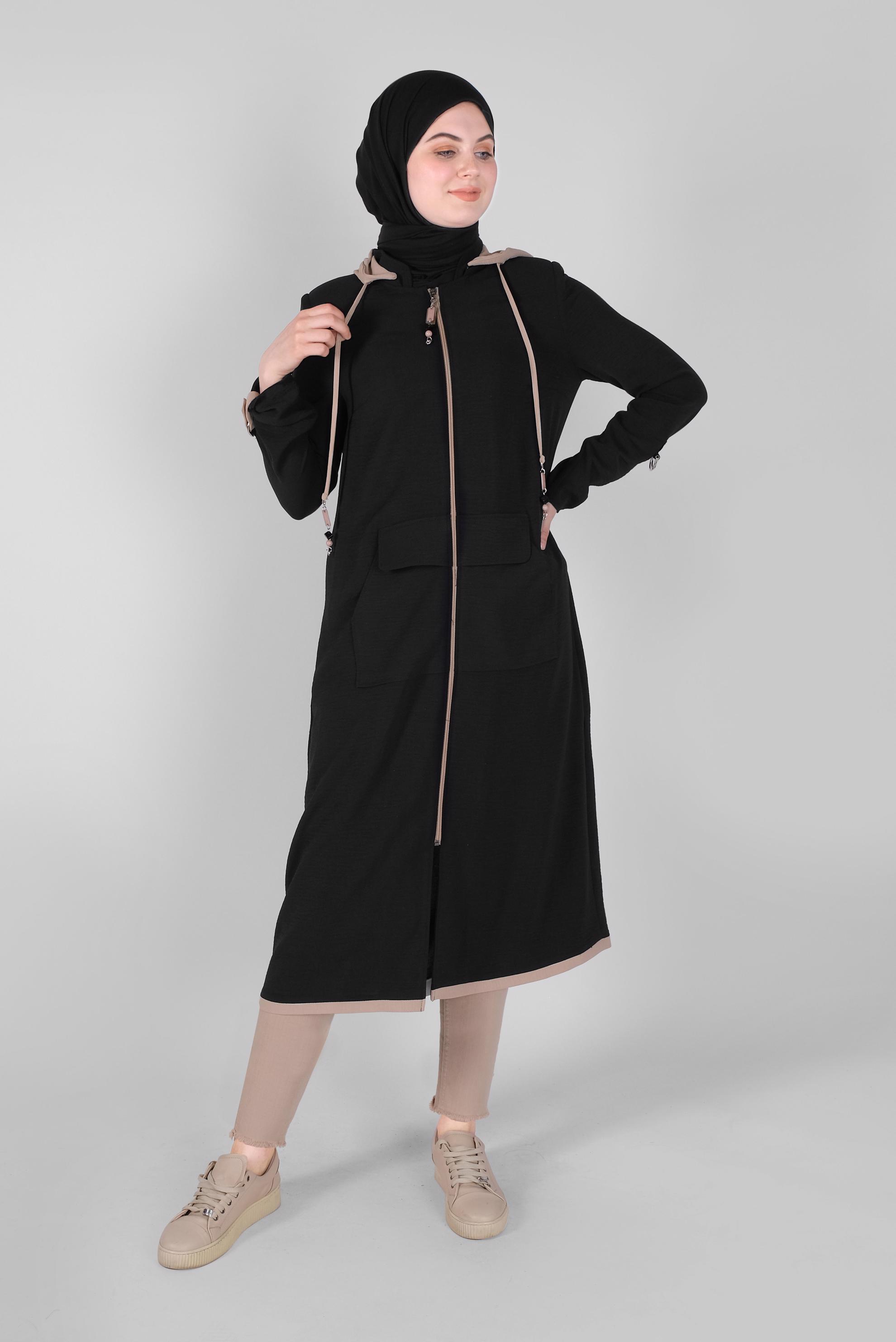 Tesettür giyim SİYAH FERMUARLI TRENÇKOT  10388 