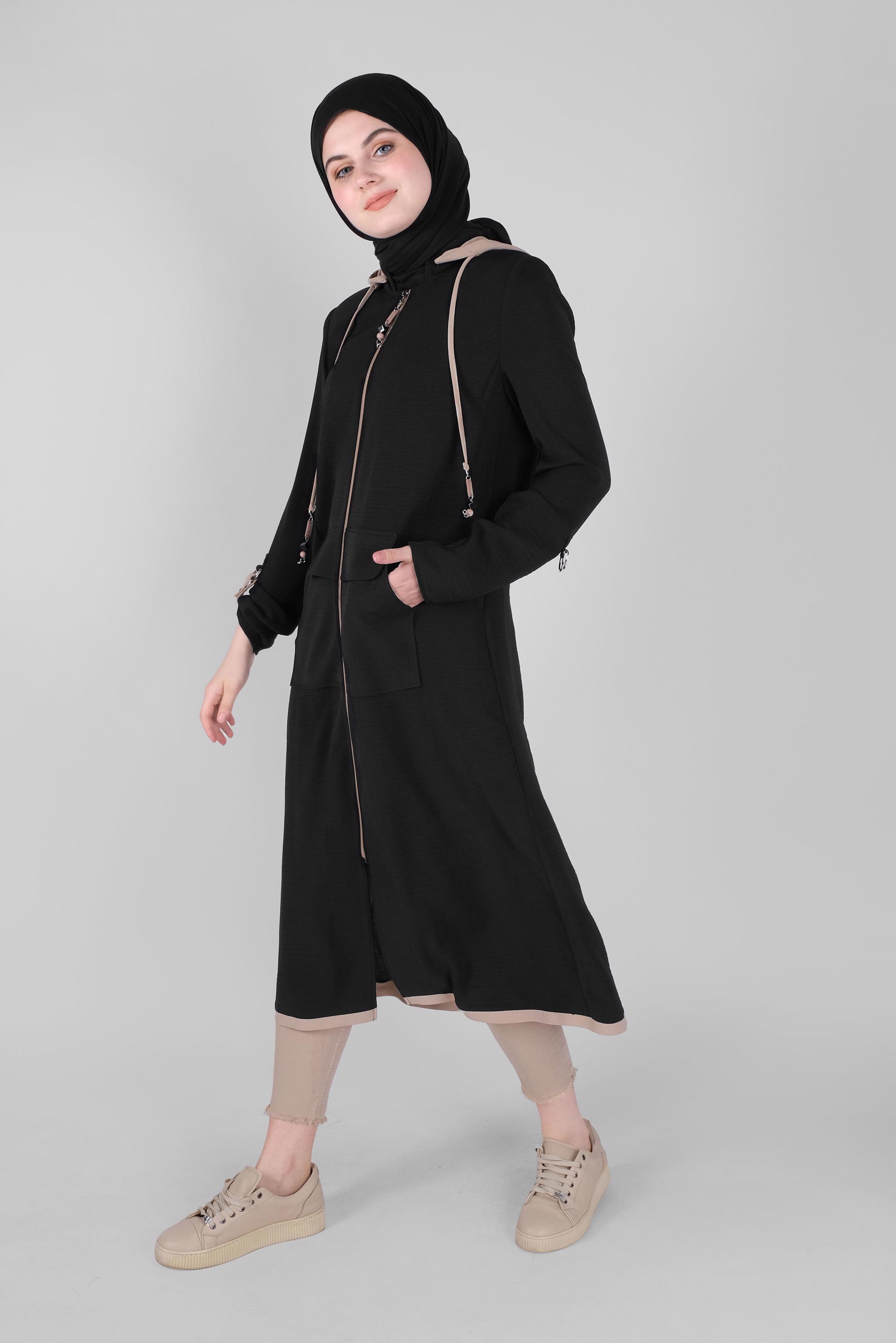Tesettür giyim SİYAH FERMUARLI TRENÇKOT  10388 