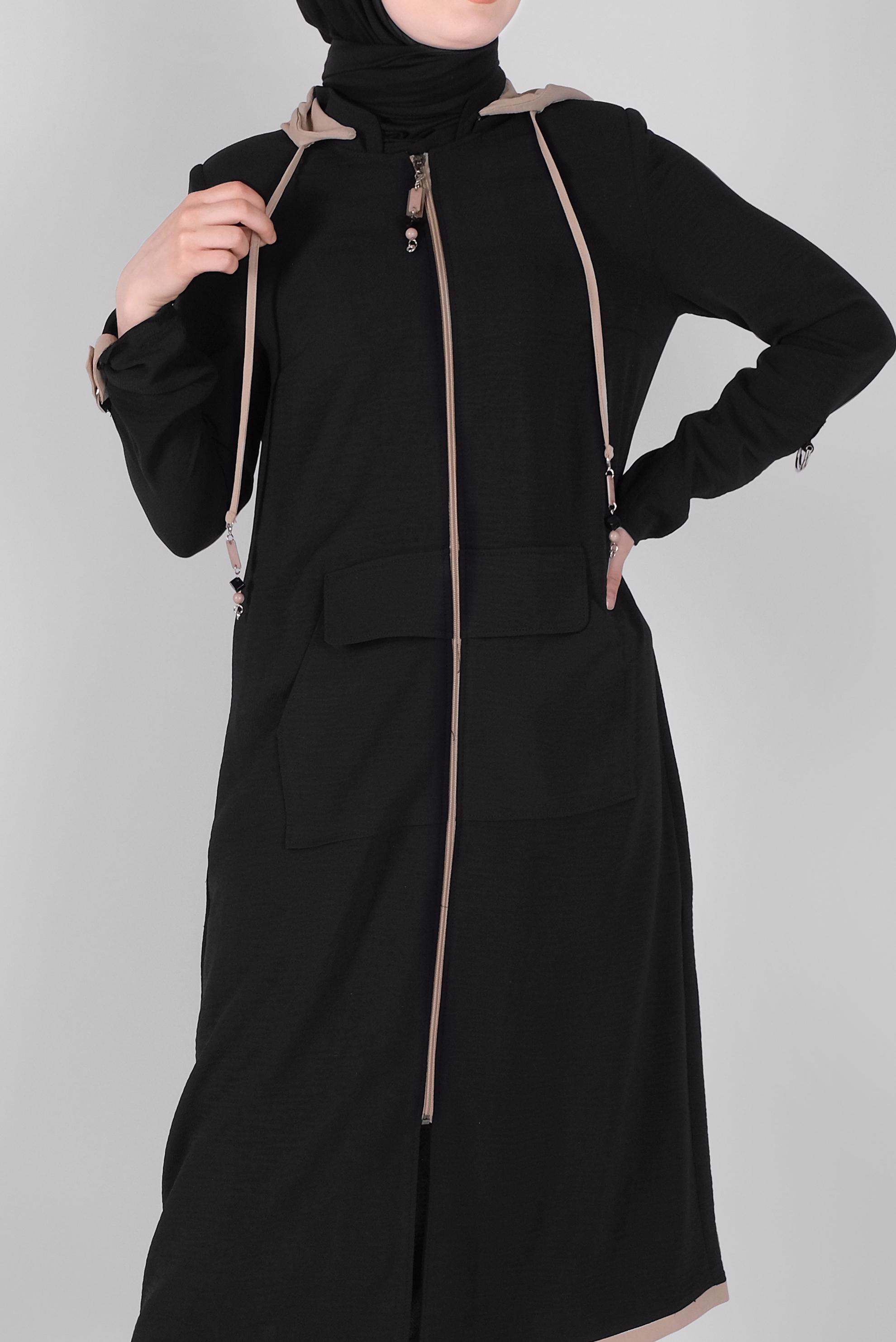 Tesettür giyim SİYAH FERMUARLI TRENÇKOT  10388 