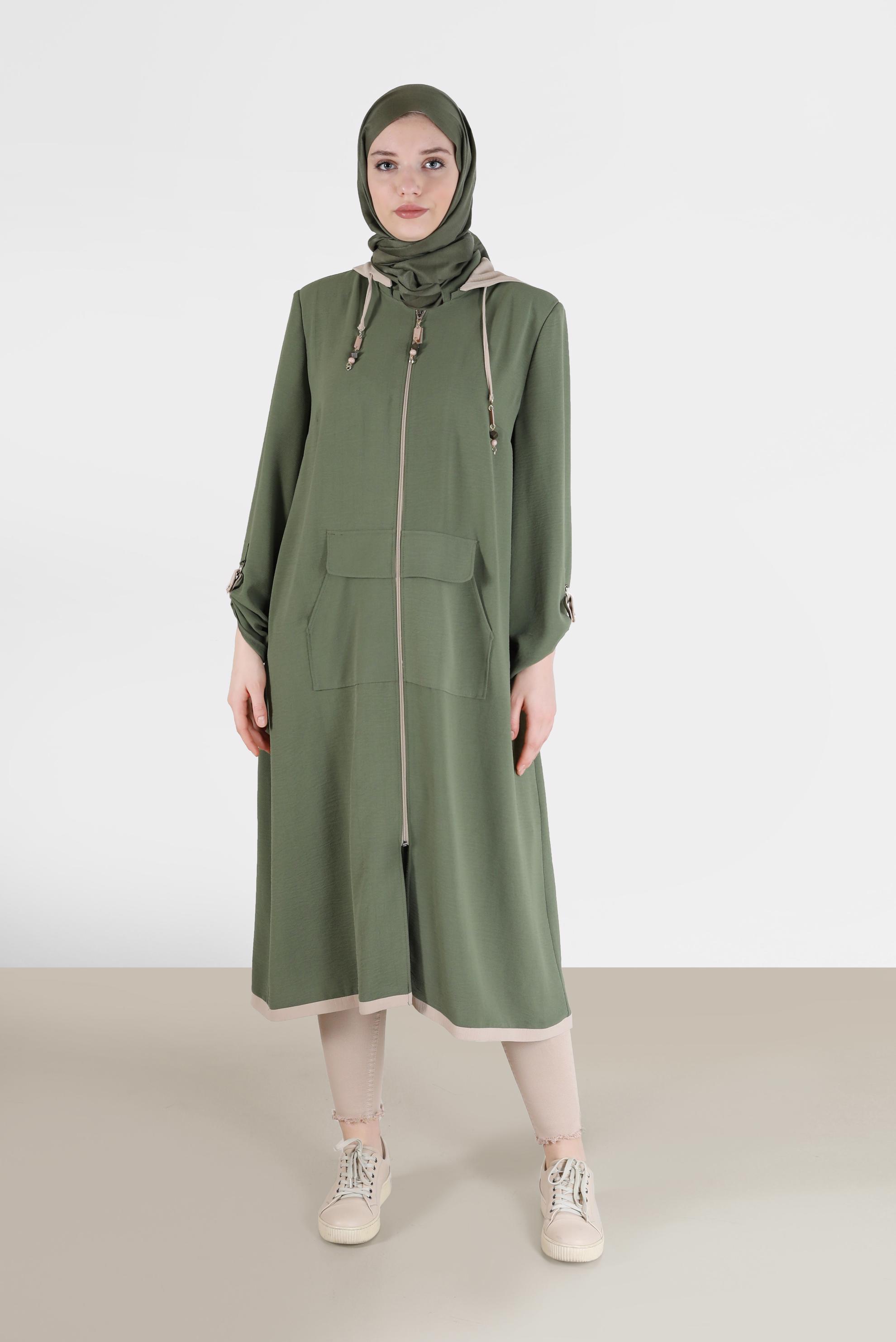 Tesettür giyim HAKİ FERMUARLI TRENÇKOT  10388 