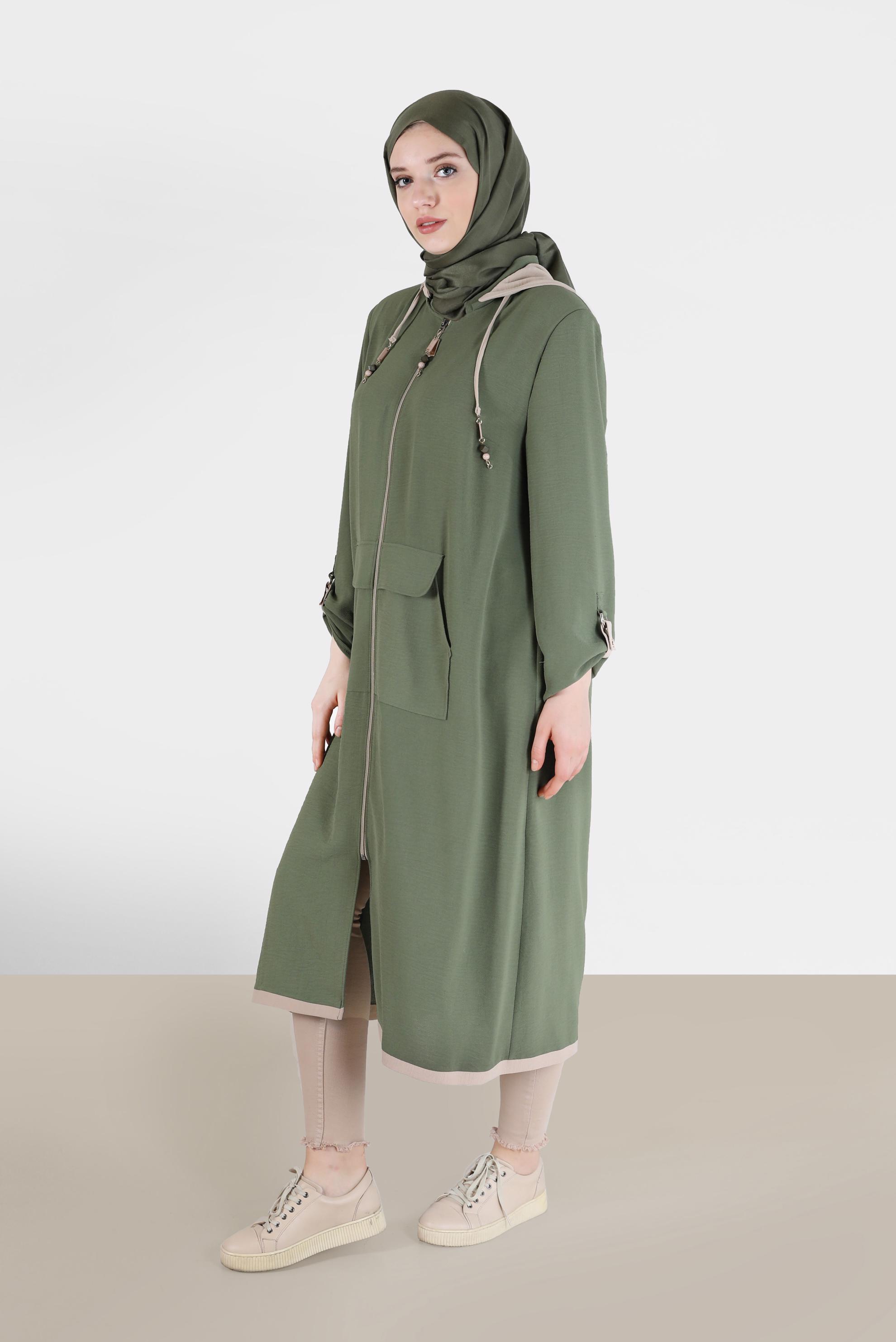 Tesettür giyim HAKİ FERMUARLI TRENÇKOT  10388 