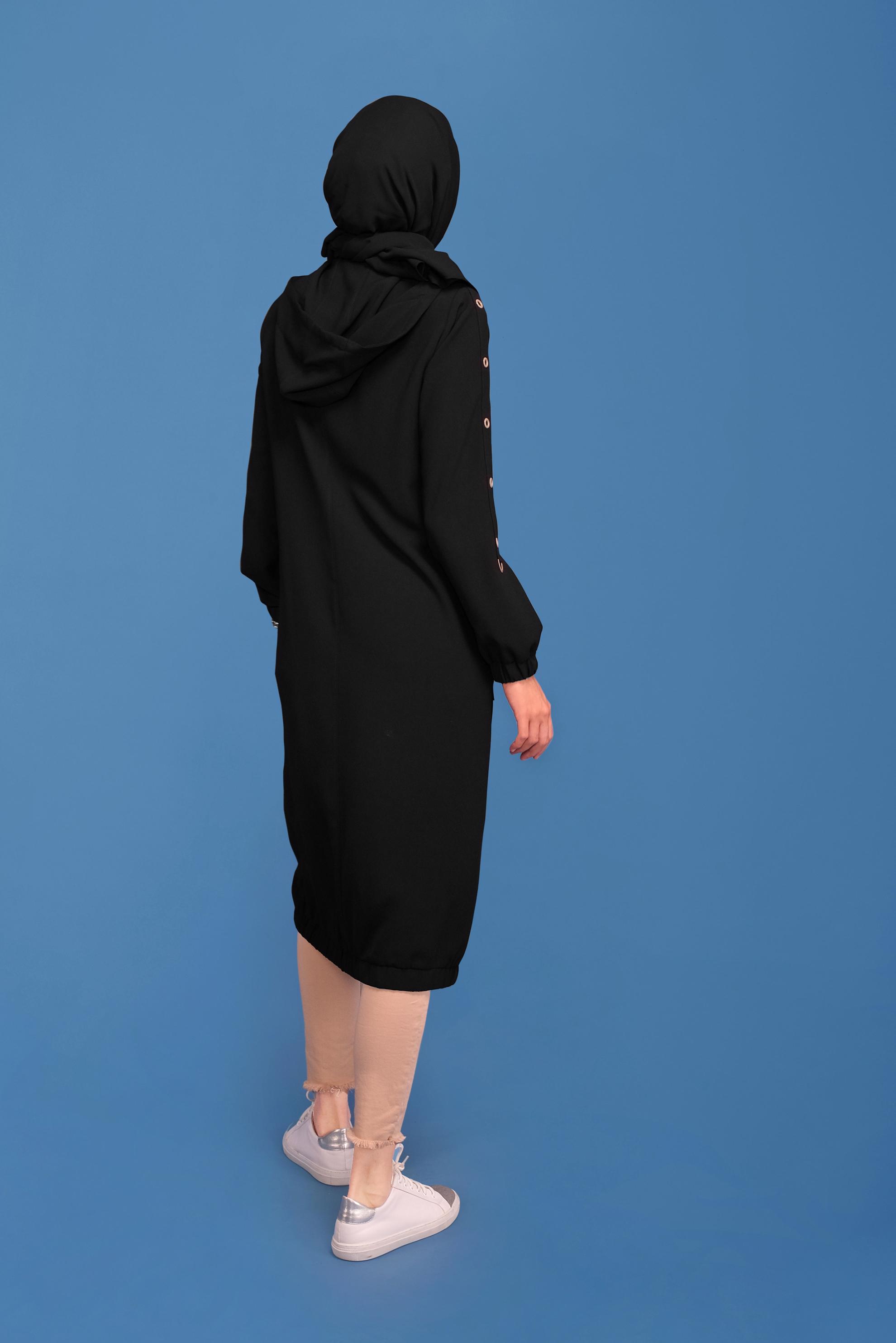 Tesettür giyim SİYAH KUŞ GÖZÜ DETAYLI KAPÜŞONLU TRENÇKOT 10392