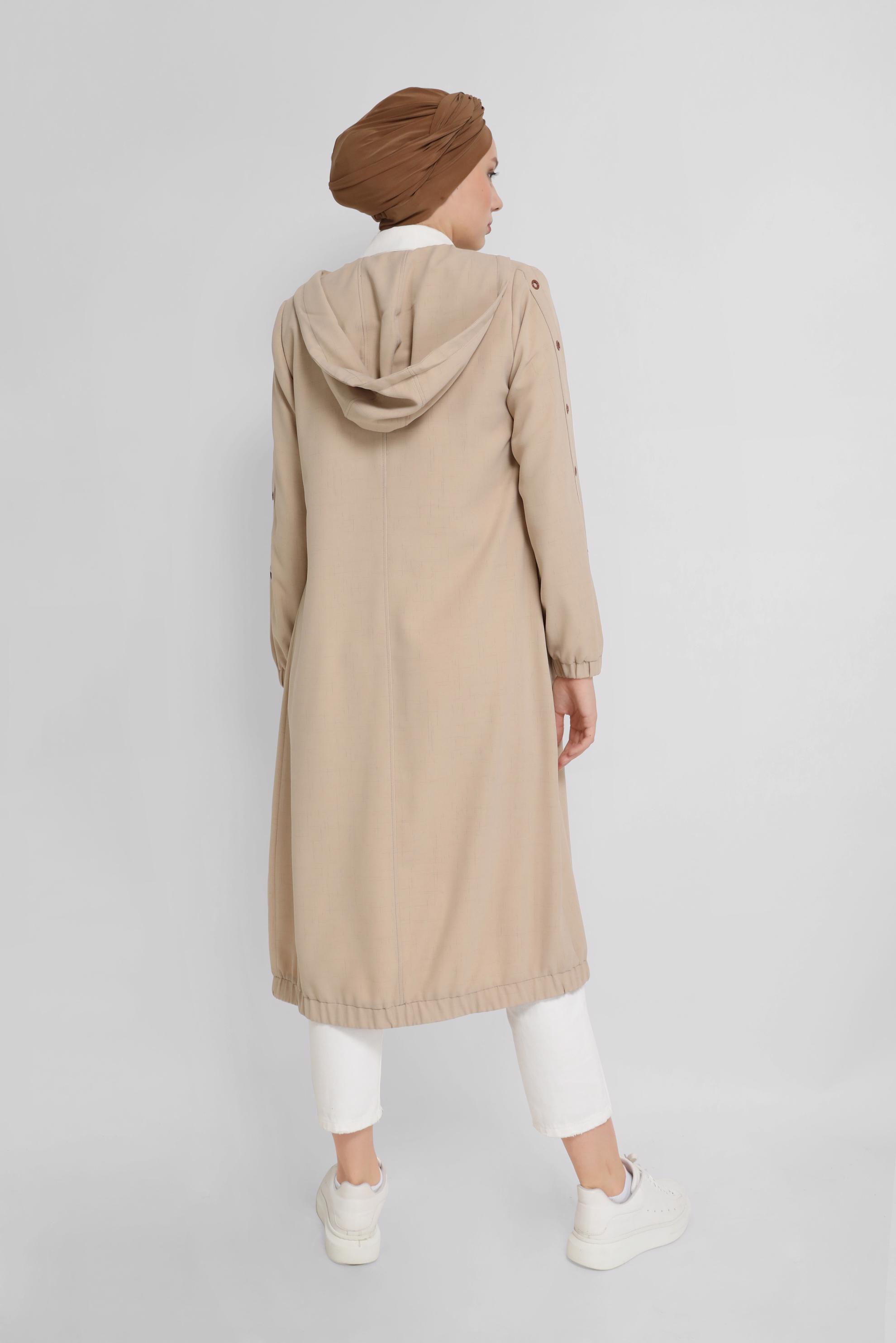 Tesettür giyim BEJ KUŞ GÖZÜ DETAYLI KAPÜŞONLU TRENÇKOT 10392