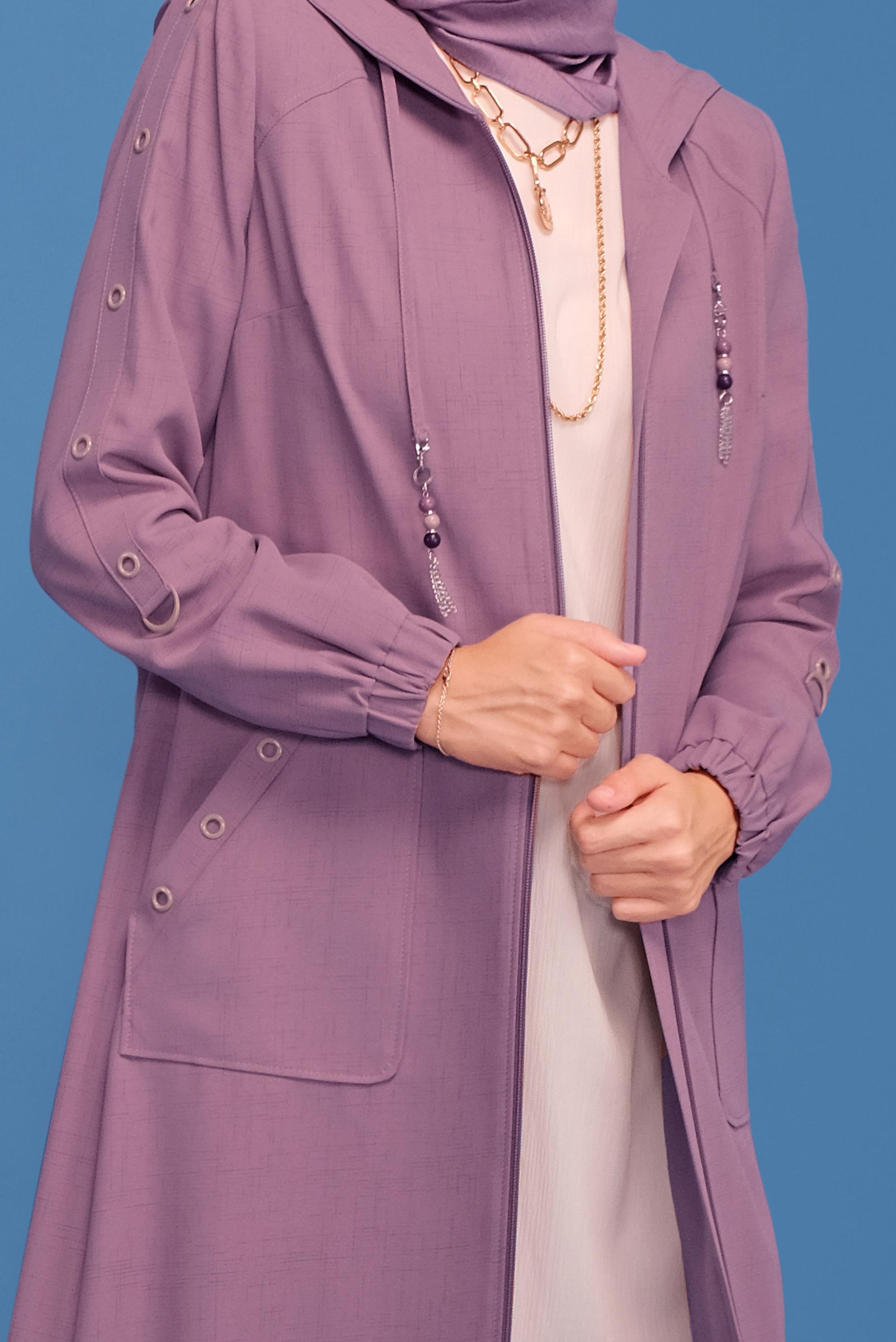 Tesettür giyim PEMBE KUŞ GÖZÜ DETAYLI KAPÜŞONLU TRENÇKOT 10392