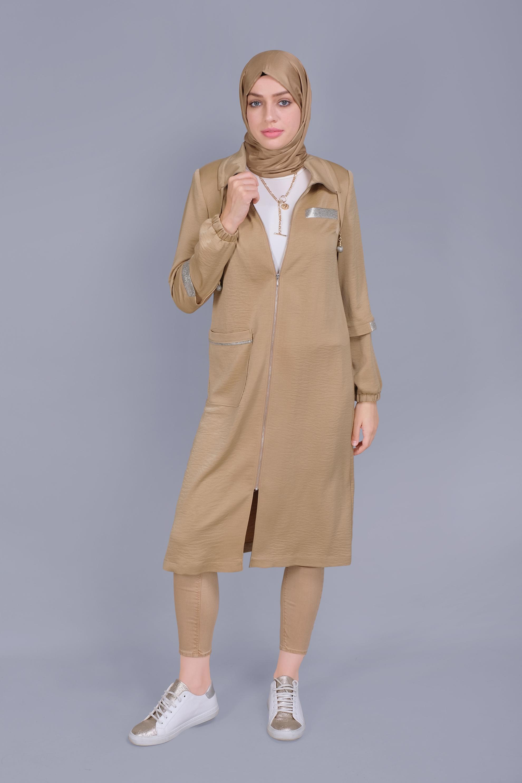 Tesettür giyim TABA YAKASI BÜZGÜ BAĞCIKLI FERMUARLI TRENÇKOT 10393