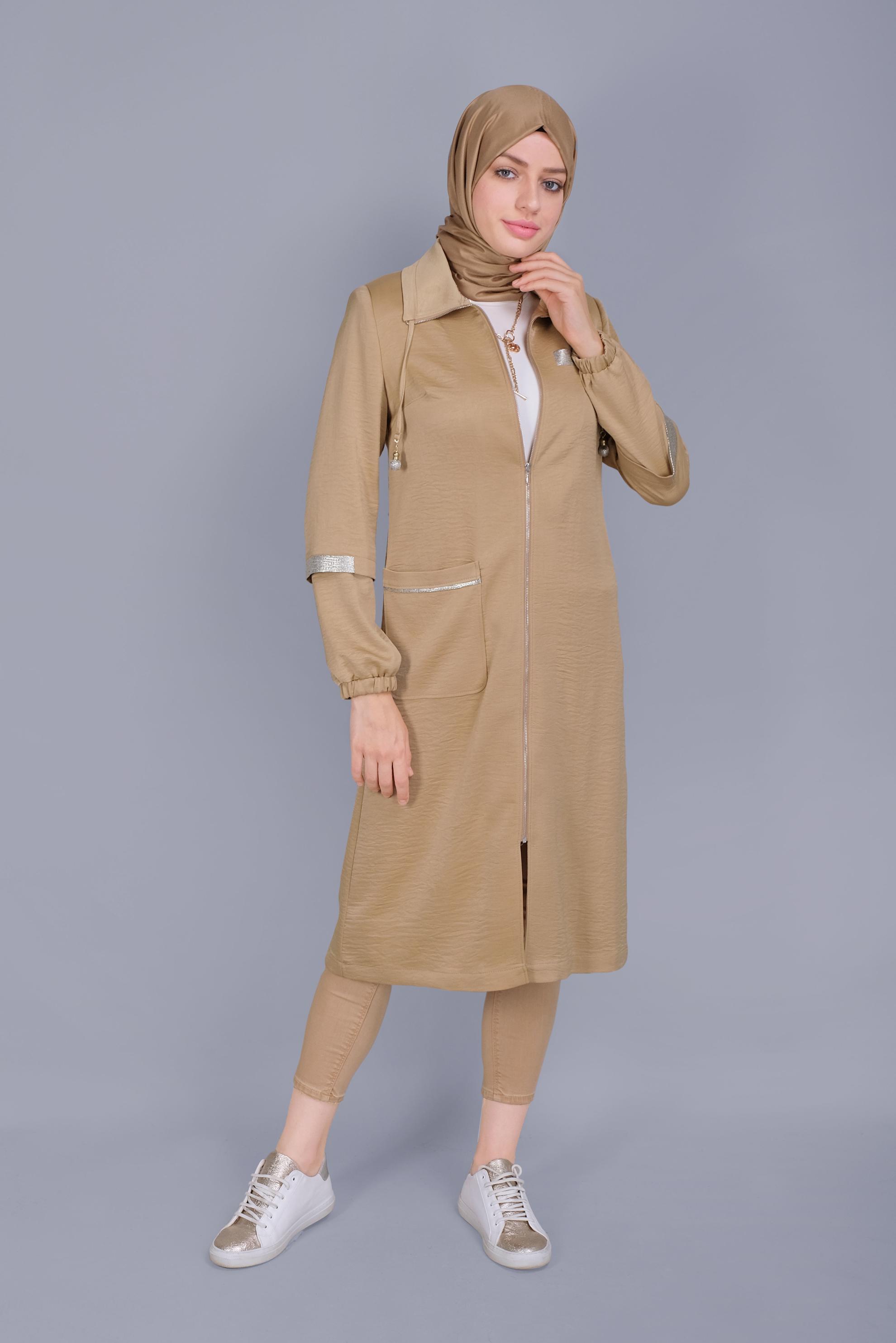 Tesettür giyim TABA YAKASI BÜZGÜ BAĞCIKLI FERMUARLI TRENÇKOT 10393