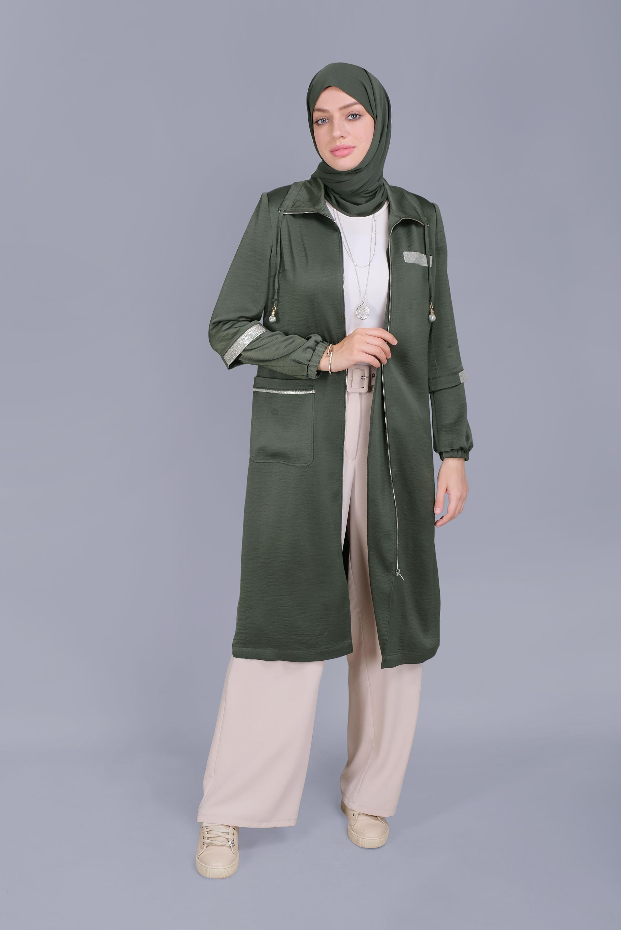 Tesettür giyim HAKİ YAKASI BÜZGÜ BAĞCIKLI FERMUARLI TRENÇKOT 10393