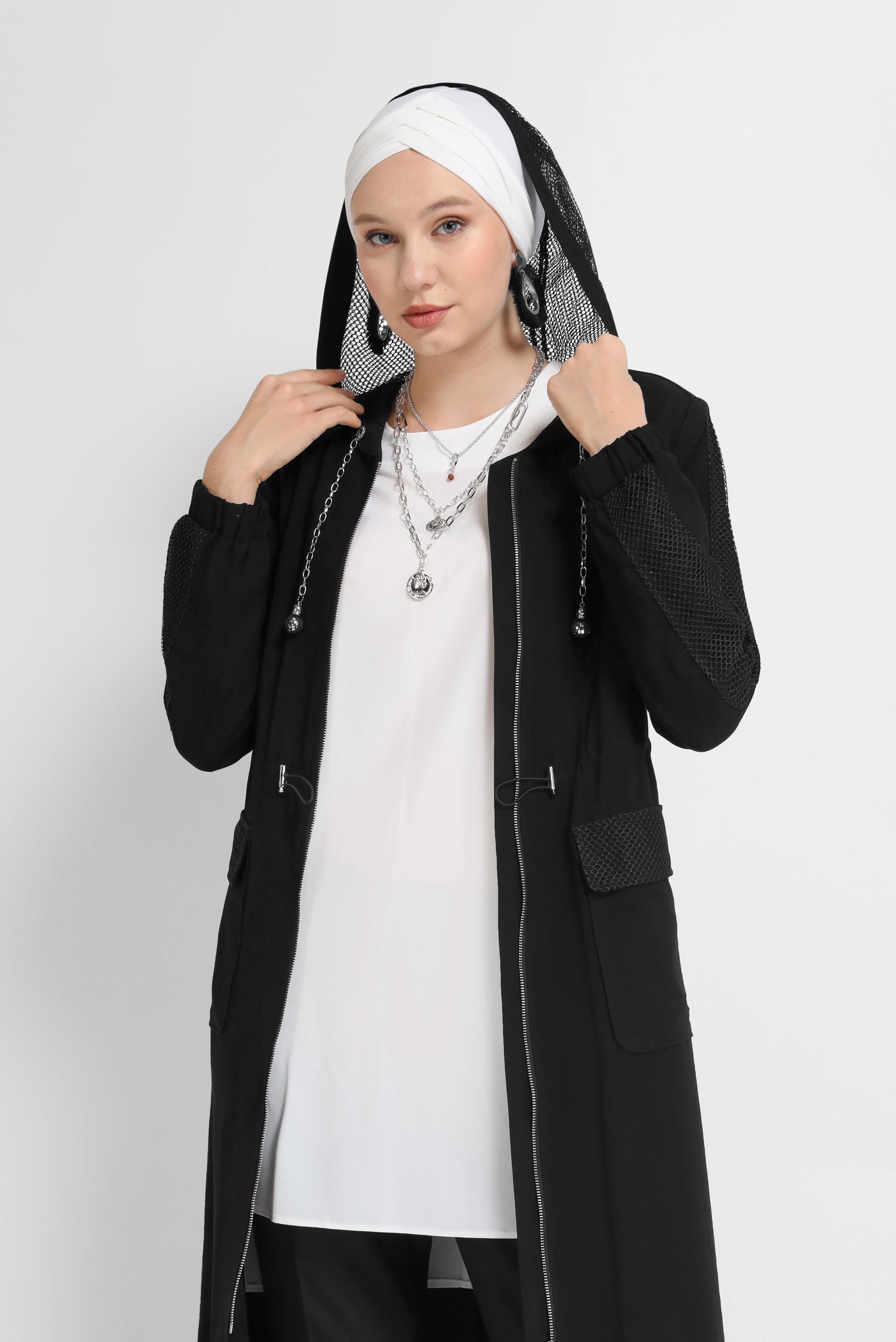 Tesettür giyim SİYAH FİLELİ FERMUARLI TRENÇKOT 10394 