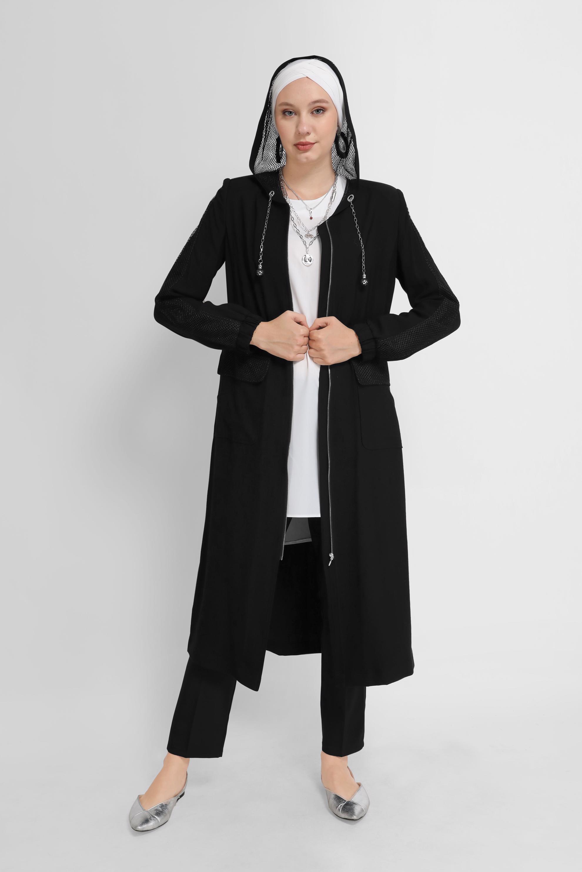 Tesettür giyim SİYAH FİLELİ FERMUARLI TRENÇKOT 10394 